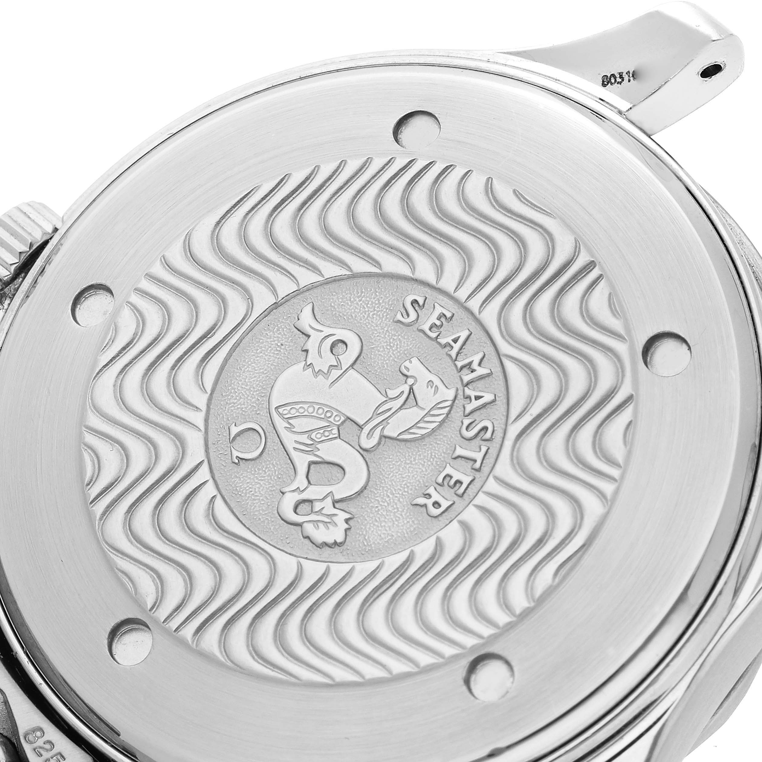 The image shows the case back of the Omega Seamaster 2531.80.00 Men
s Stainless Steel Blue Dial 2531.80.00 Men
s Stainless Steel Blue Dial watch, featuring its engraved design and branding.