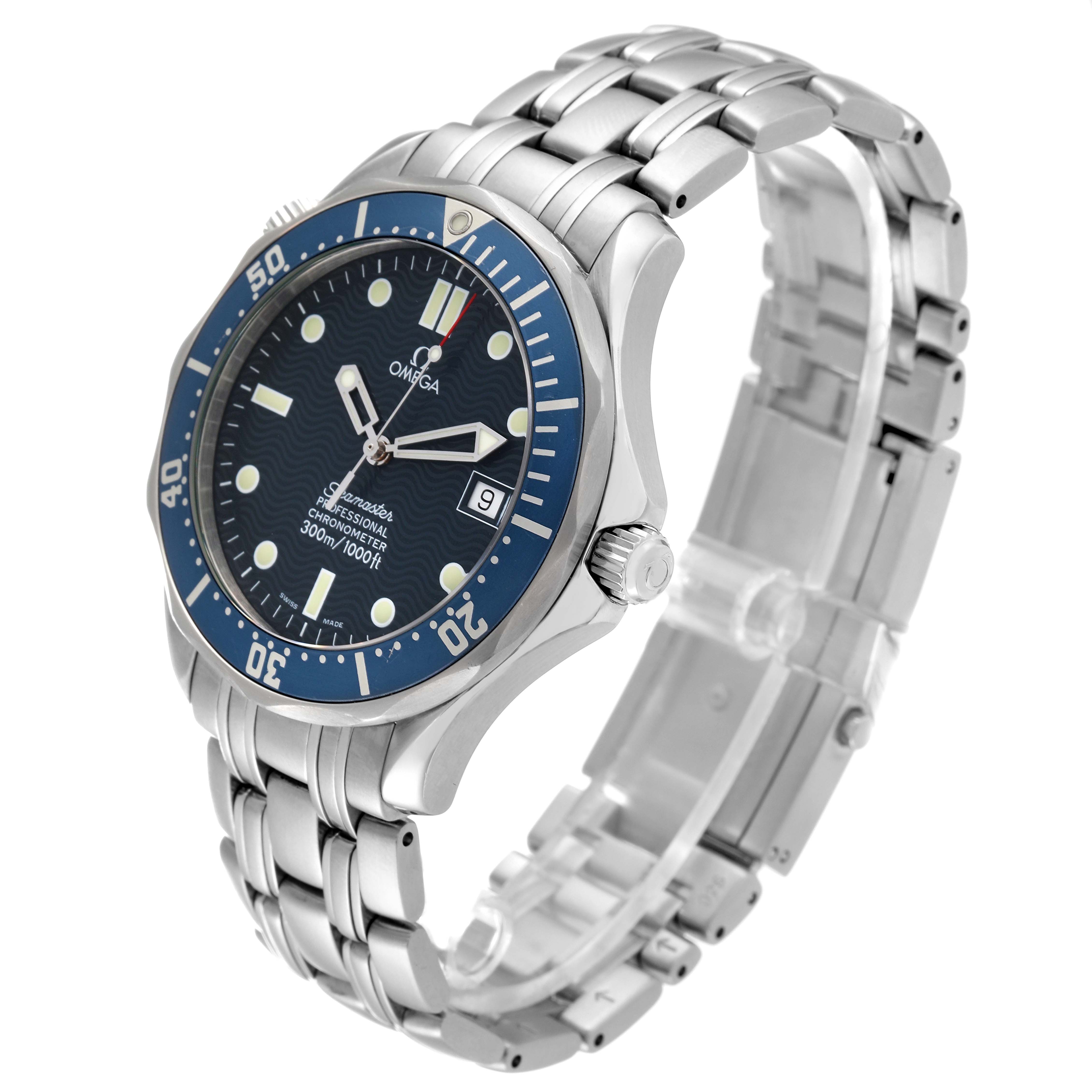 The image shows an Omega Seamaster 2531.80.00 Men
s Stainless Steel Blue Dial 2531.80.00 Men
s Stainless Steel Blue Dial watch at a three-quarter angle, highlighting its face, bezel, crown, and metal bracelet.