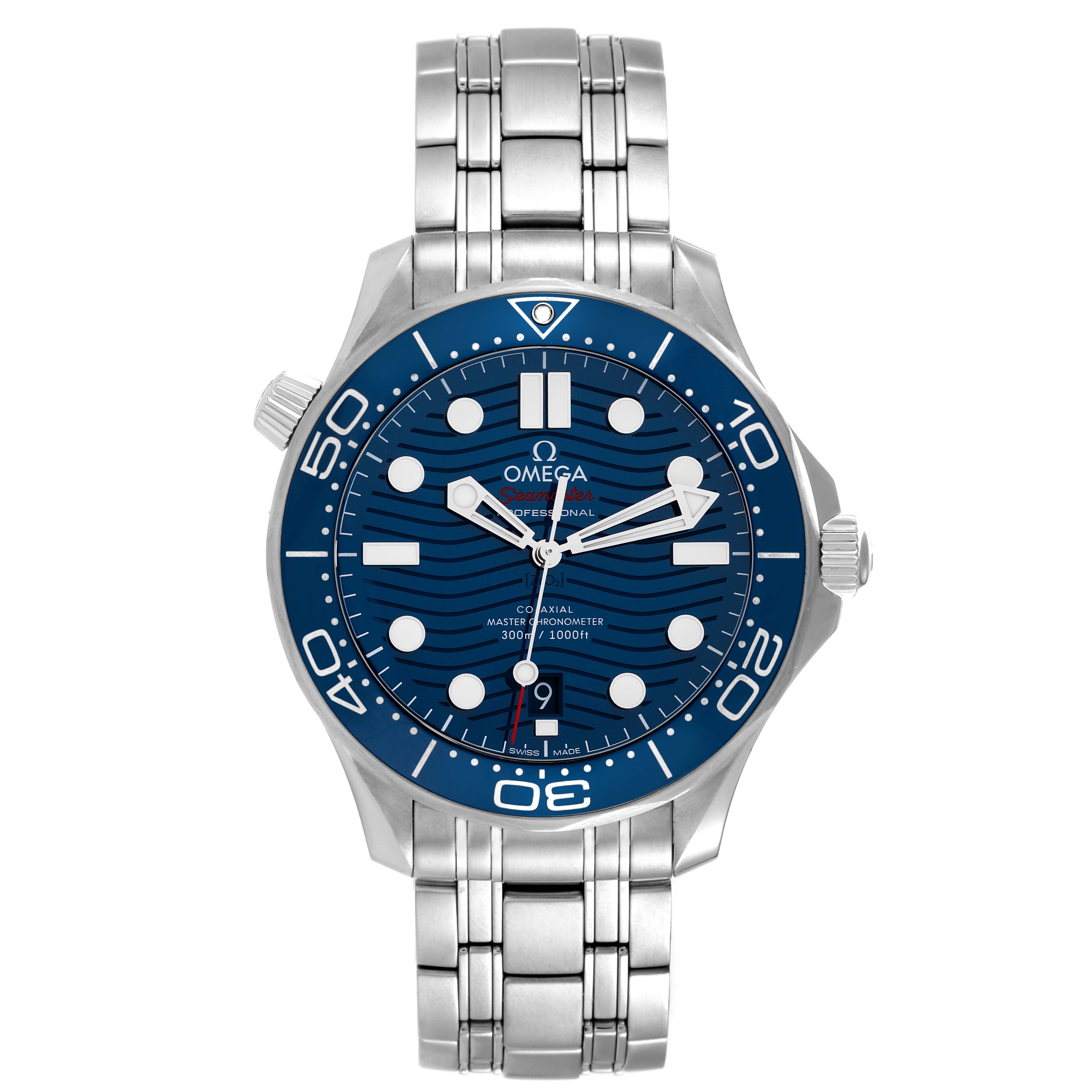 The image shows a front view of the Omega Seamaster 210.30.42.20.03.001 Men
s Stainless Steel Blue Dial 210.30.42.20.03.001 Men
s Stainless Steel Blue Dial watch, displaying the face, bezel, and stainless steel bracelet.