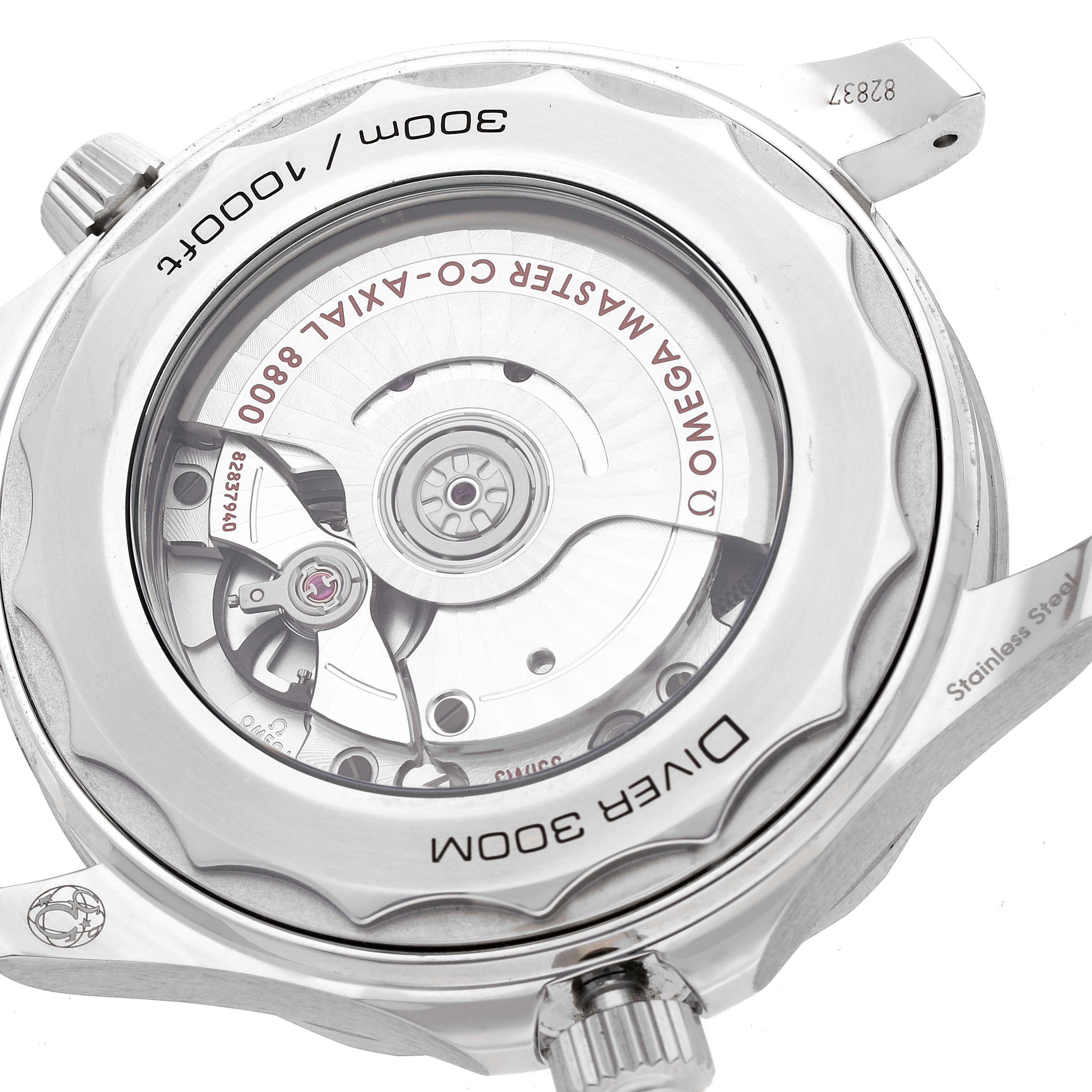 This image shows the back view of the Omega Seamaster 210.30.42.20.03.001 Men
s Stainless Steel Blue Dial 210.30.42.20.03.001 Men
s Stainless Steel Blue Dial watch, highlighting its exposed movement and co-axial 8800 caliber.