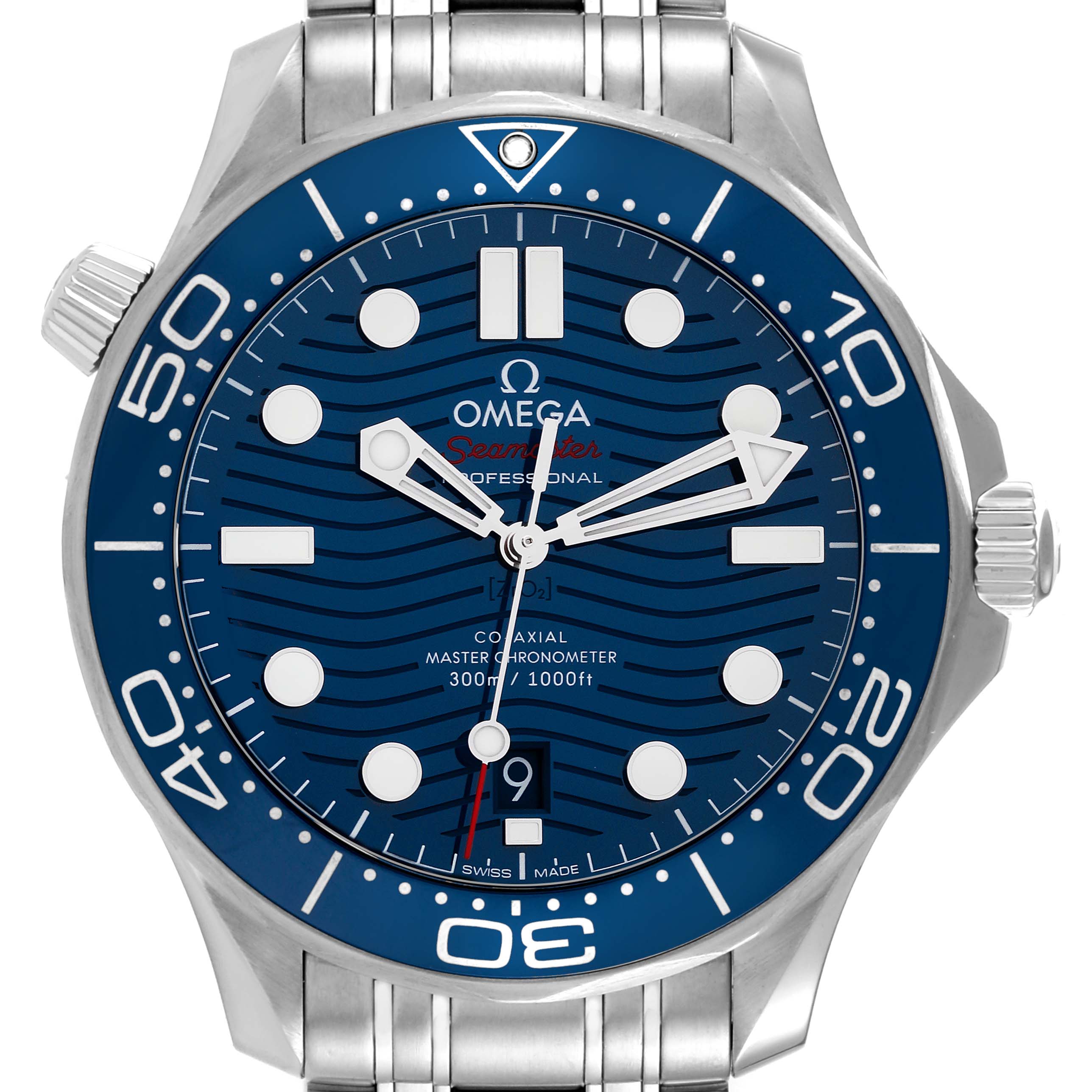 The image shows a frontal view of the Omega Seamaster 210.30.42.20.03.001 Men
s Stainless Steel Blue Dial 210.30.42.20.03.001 Men
s Stainless Steel Blue Dial watch, highlighting the dial, bezel, and part of the bracelet.