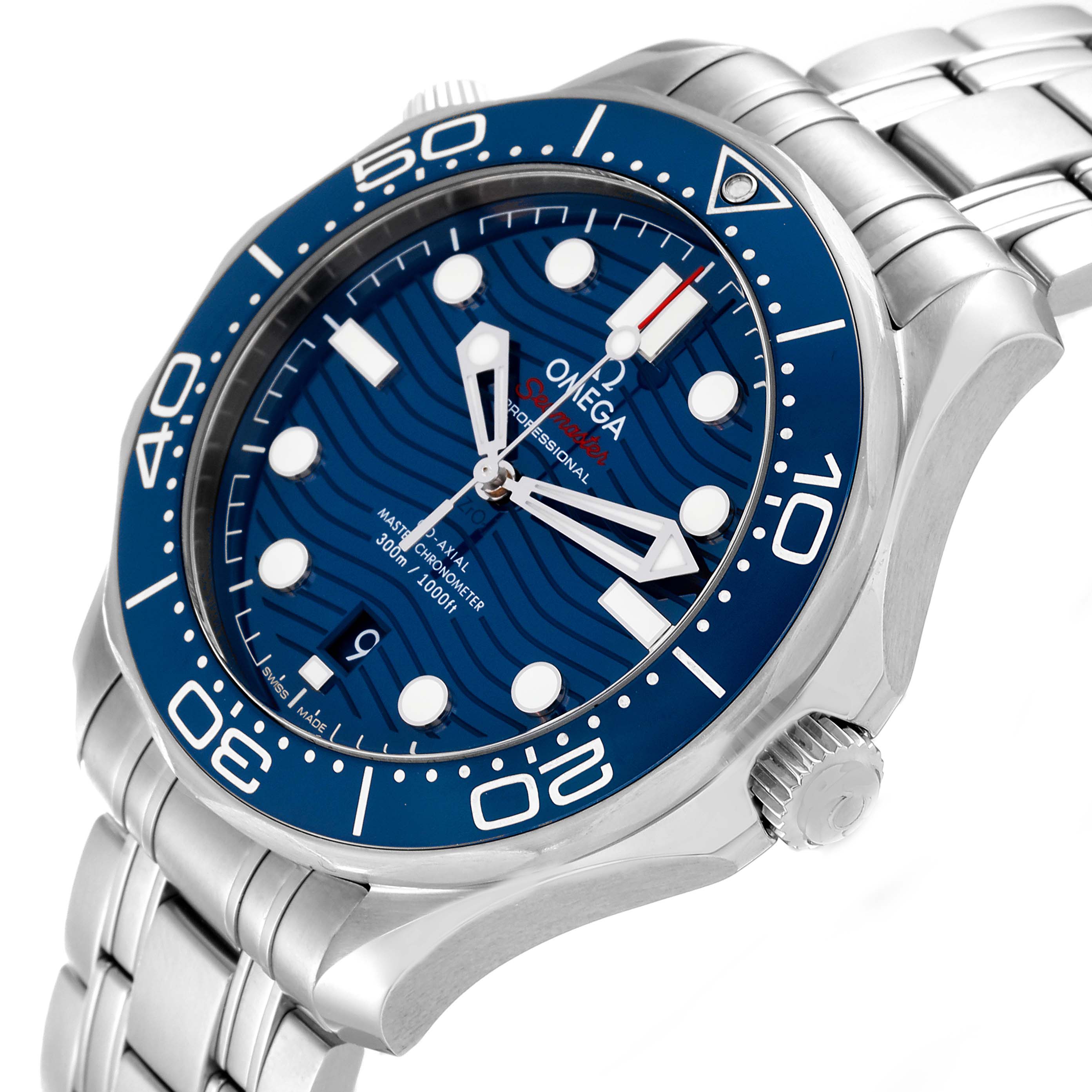 The image shows an angled view of an Omega Seamaster 210.30.42.20.03.001 Men
s Stainless Steel Blue Dial 210.30.42.20.03.001 Men
s Stainless Steel Blue Dial watch, highlighting its blue dial, bezel, and stainless steel bracelet.