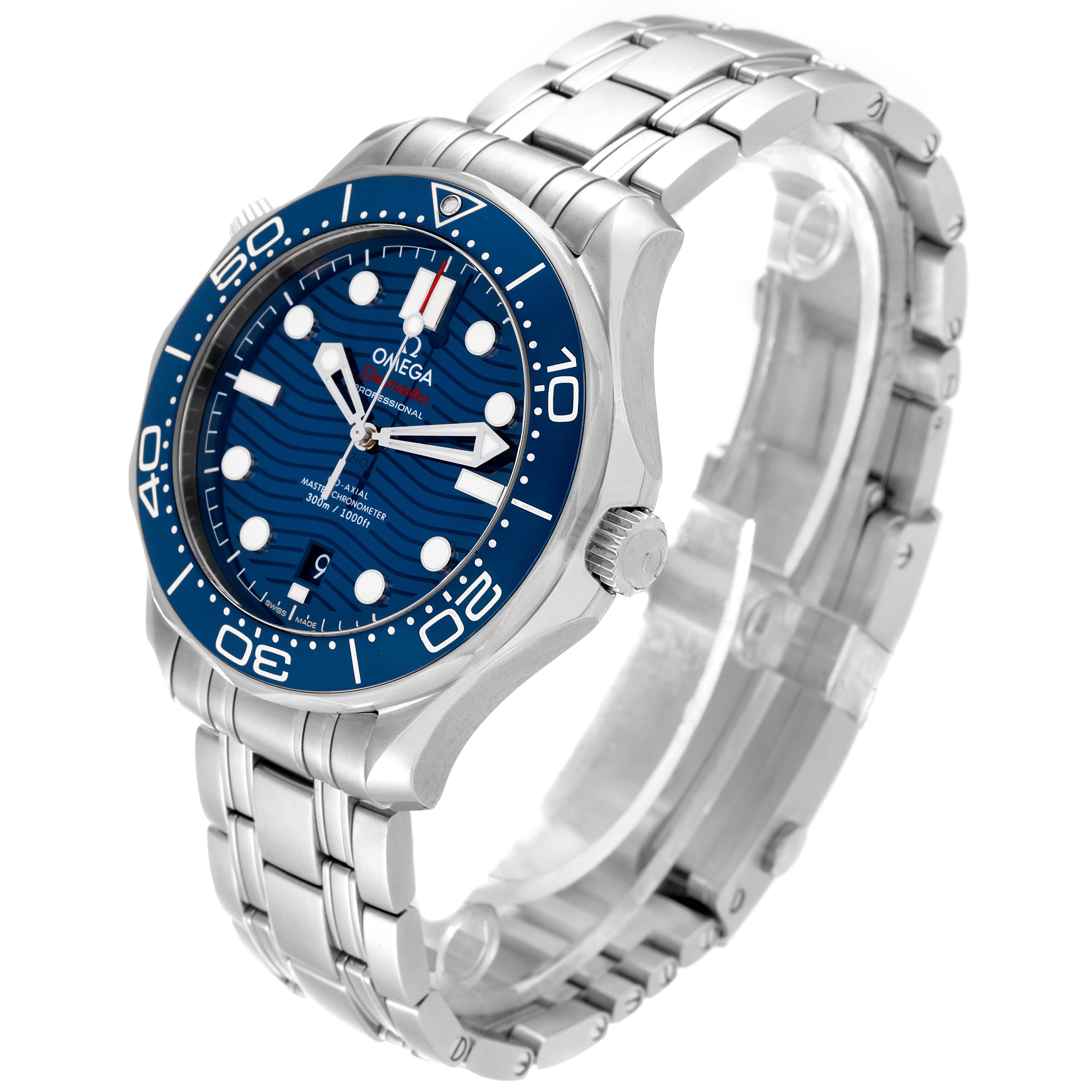 The Omega Seamaster 210.30.42.20.03.001 Men
s Stainless Steel Blue Dial 210.30.42.20.03.001 Men
s Stainless Steel Blue Dial watch is shown at a slight angle, displaying the face, bezel, crown, and stainless steel bracelet.