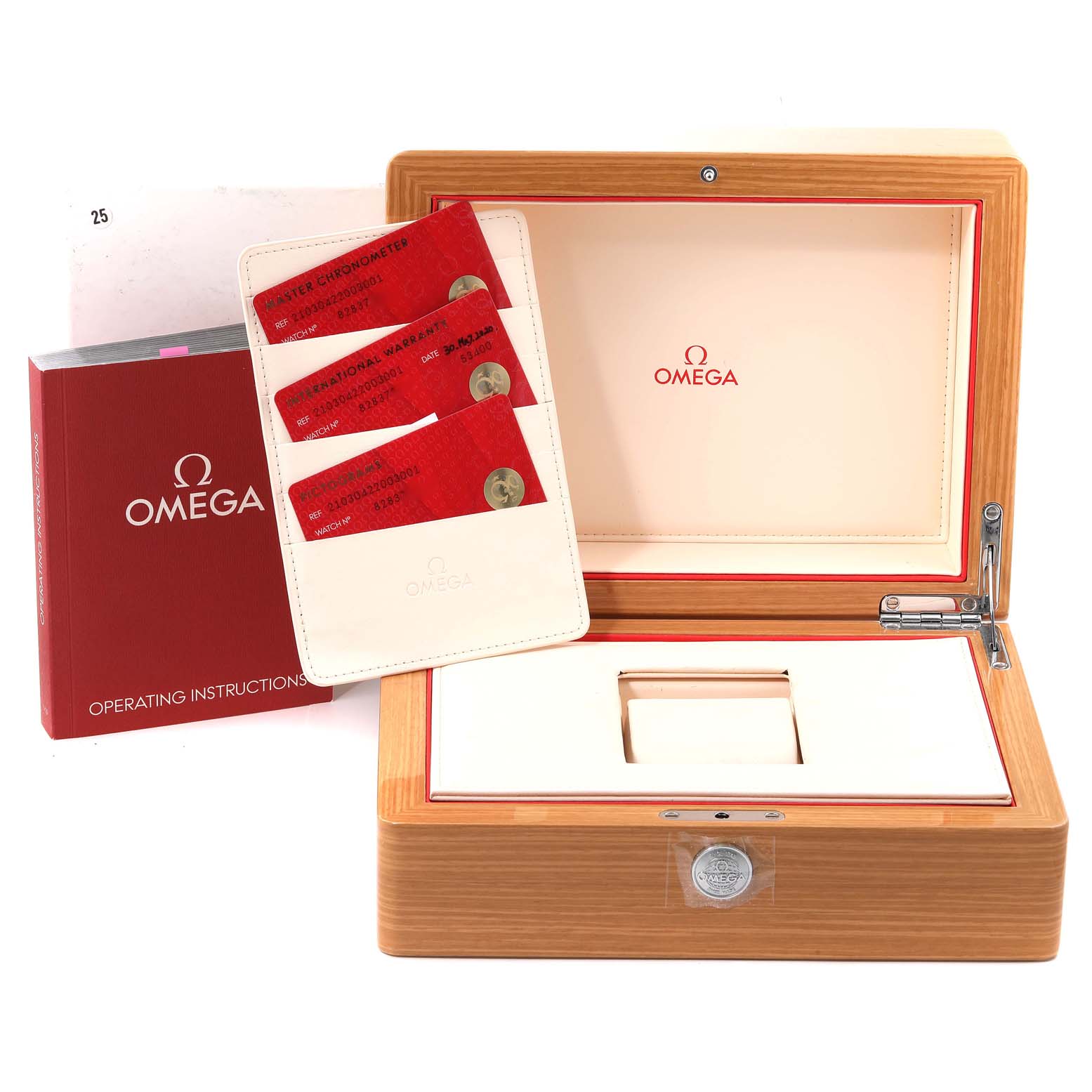 The image shows an open Omega Seamaster 210.30.42.20.03.001 Men
s Stainless Steel Blue Dial 210.30.42.20.03.001 Men
s Stainless Steel Blue Dial watch box, red instruction manual, and cardholder with warranty cards viewed from the front.