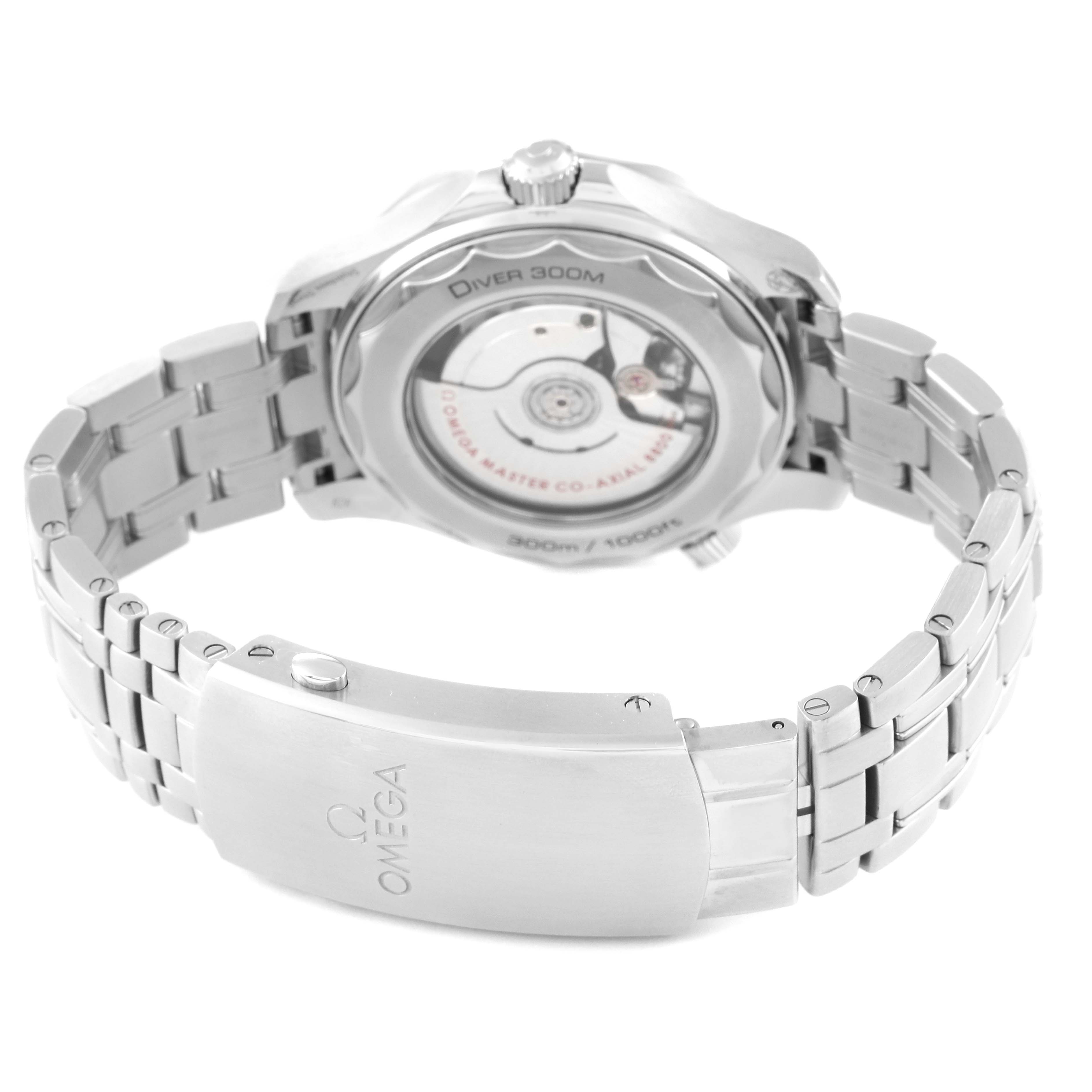 The image shows the back view of the Omega Seamaster 210.30.42.20.03.001 Men
s Stainless Steel Blue Dial 210.30.42.20.03.001 Men
s Stainless Steel Blue Dial watch, focusing on the transparent case back and metal bracelet.