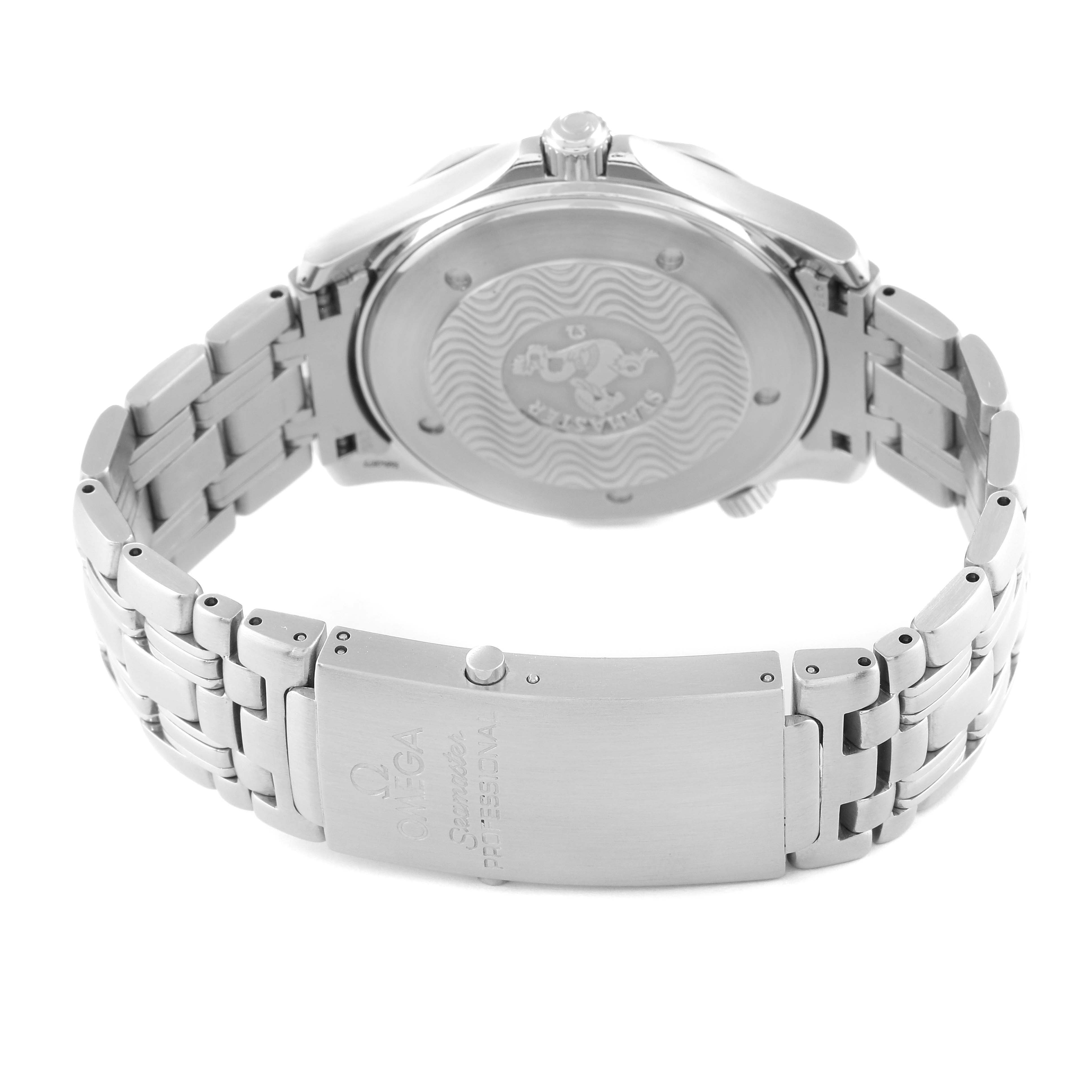 The image shows the back case and bracelet clasp of an Omega Seamaster 2541.80.00 Men
s Stainless Steel Blue Dial 2541.80.00 Men
s Stainless Steel Blue Dial watch, viewed from the back.