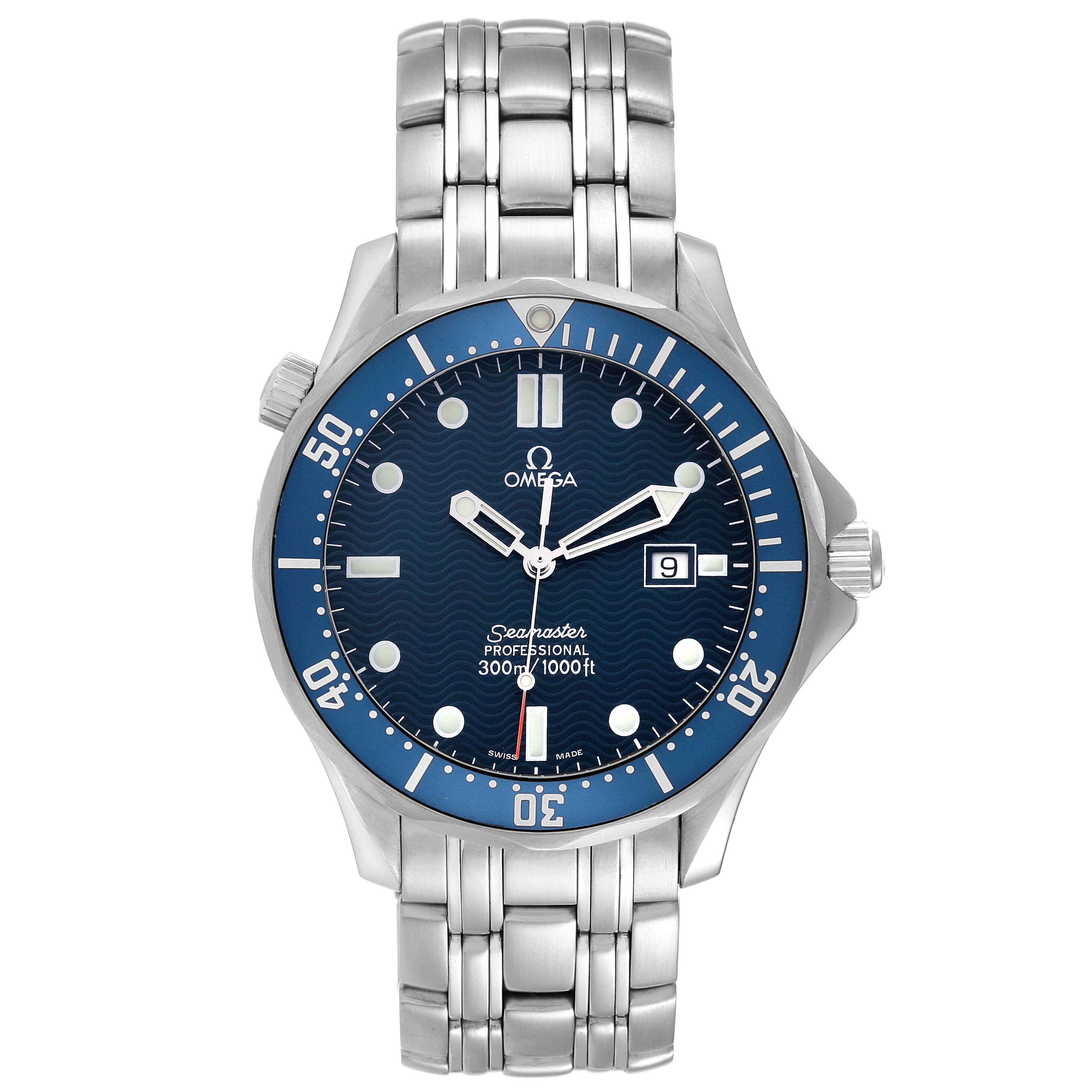 The image shows a front view of the Omega Seamaster 2541.80.00 Men
s Stainless Steel Blue Dial 2541.80.00 Men
s Stainless Steel Blue Dial watch, detailing the face, bezel, and bracelet.