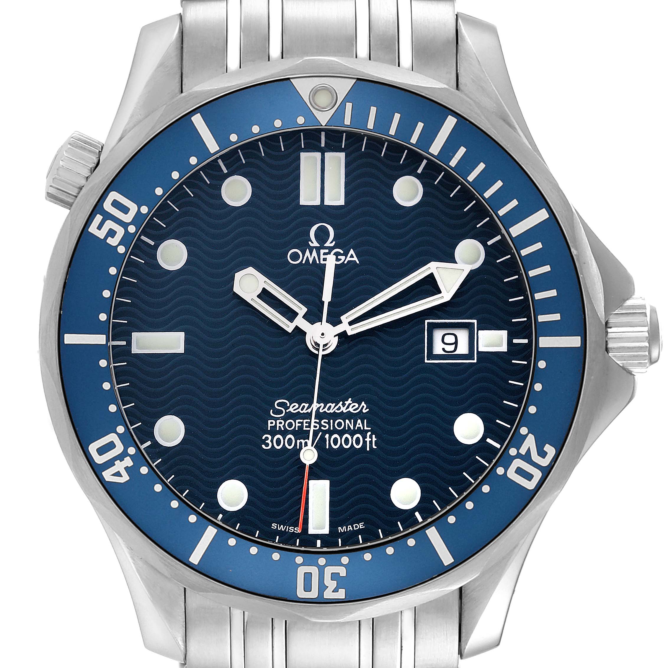 The image shows a front view of the Omega Seamaster 2541.80.00 Men
s Stainless Steel Blue Dial 2541.80.00 Men
s Stainless Steel Blue Dial watch, featuring its blue dial, bezel, and stainless steel bracelet.