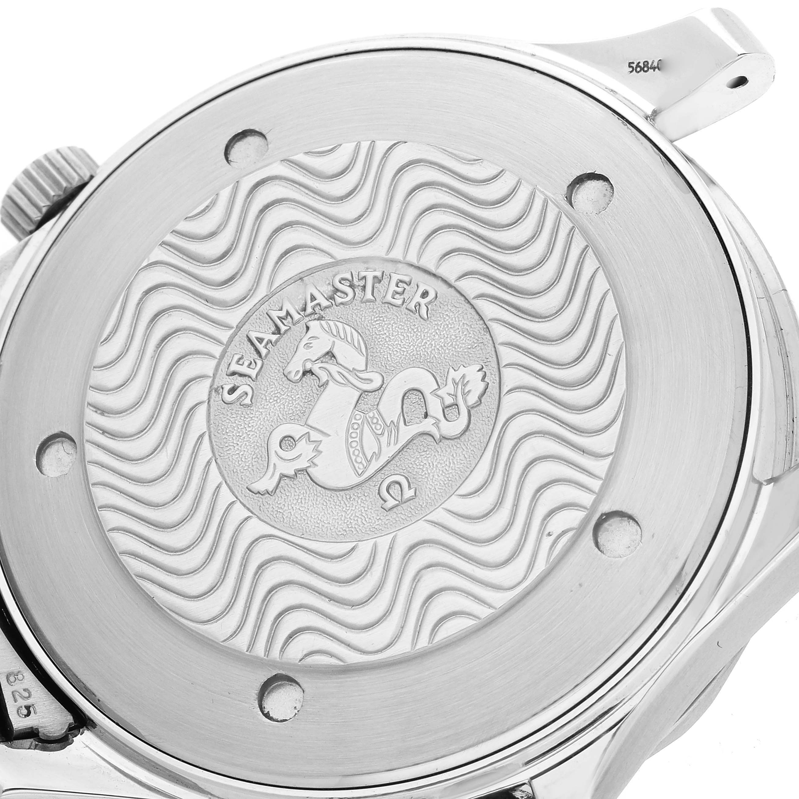 The image shows the back case of an Omega Seamaster 2541.80.00 Men
s Stainless Steel Blue Dial 2541.80.00 Men
s Stainless Steel Blue Dial watch, highlighting its engravings and wave pattern.