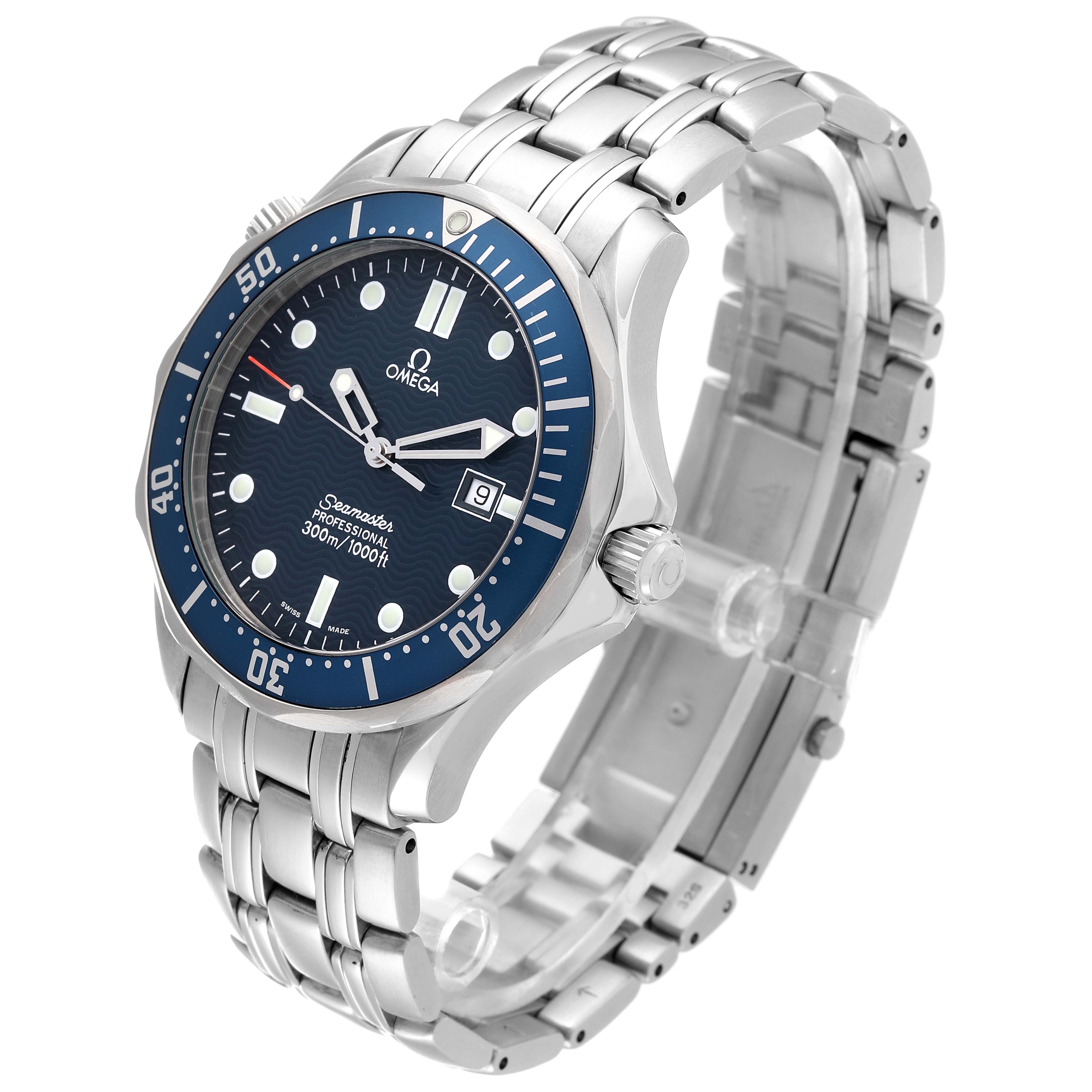 The Omega Seamaster 2541.80.00 Men
s Stainless Steel Blue Dial 2541.80.00 Men
s Stainless Steel Blue Dial watch is shown from an oblique angle, displaying the watch face, bezel, and metal bracelet.