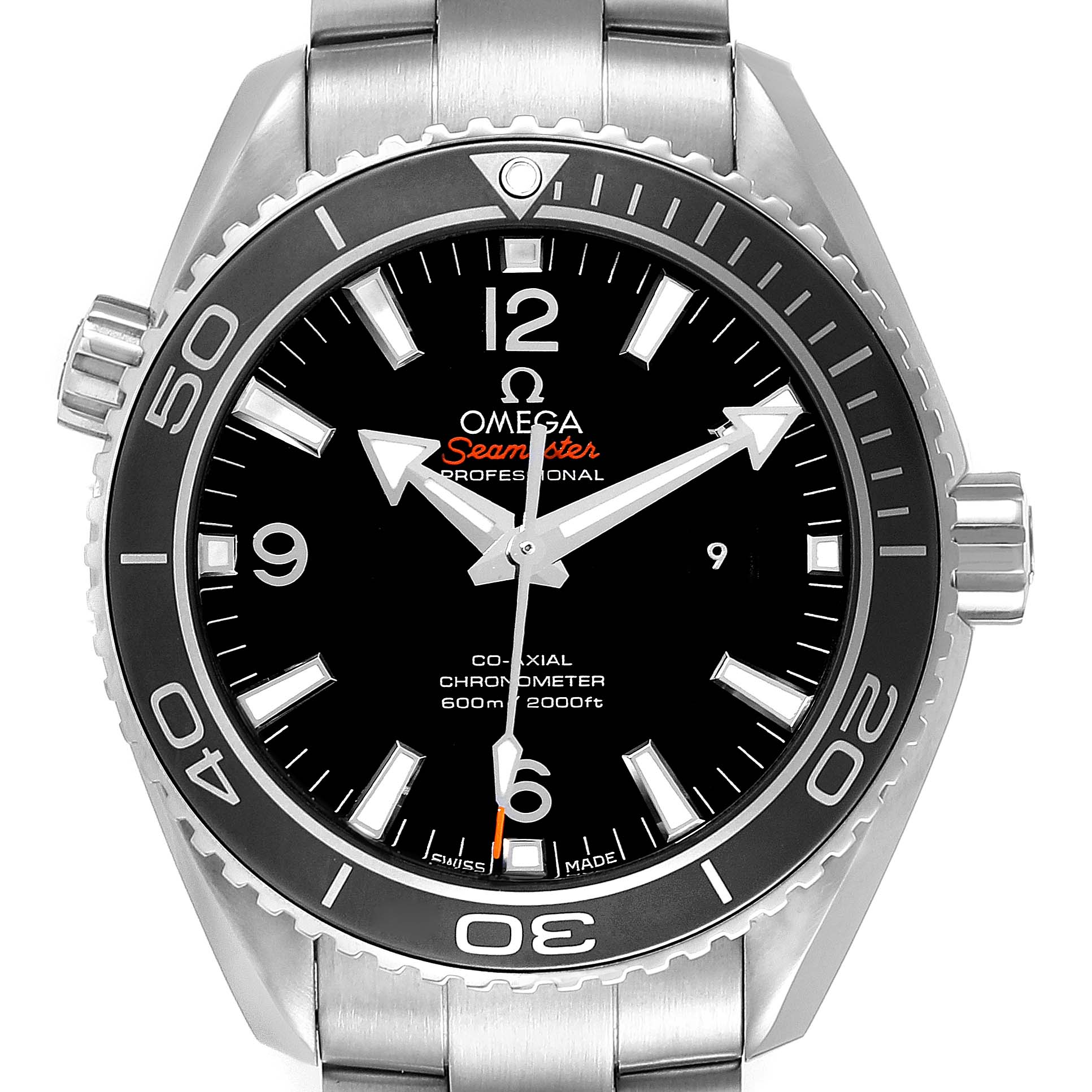 This image shows a close-up of the dial and bezel of the Omega Seamaster Planet Ocean watch.