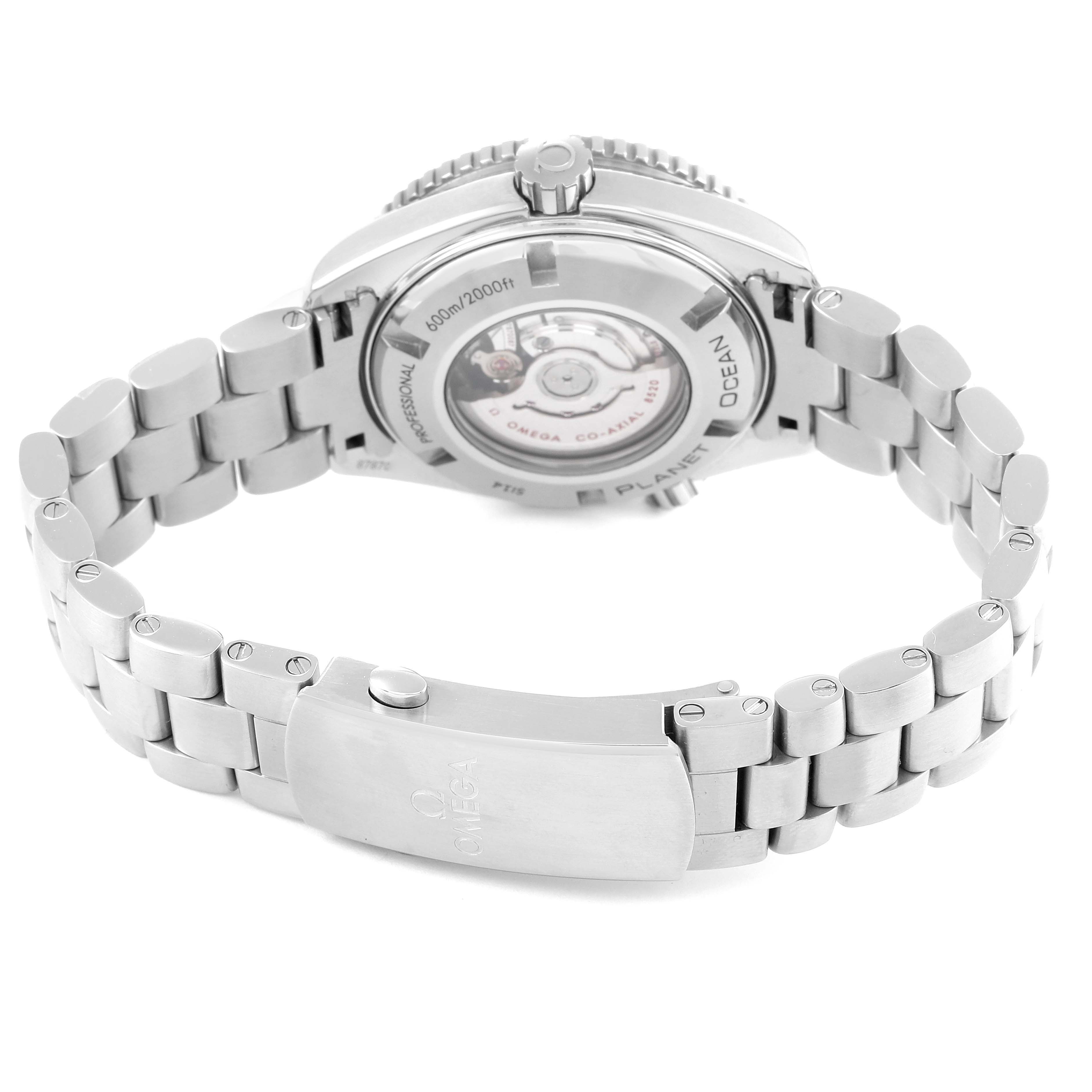 This image shows the back case and metal bracelet of the Omega Planet Ocean 232.30.38.20.01.001 Men
s Stainless Steel Black Dial 232.30.38.20.01.001 Men
s Stainless Steel Black Dial watch, highlighting its transparent case back and clasp.