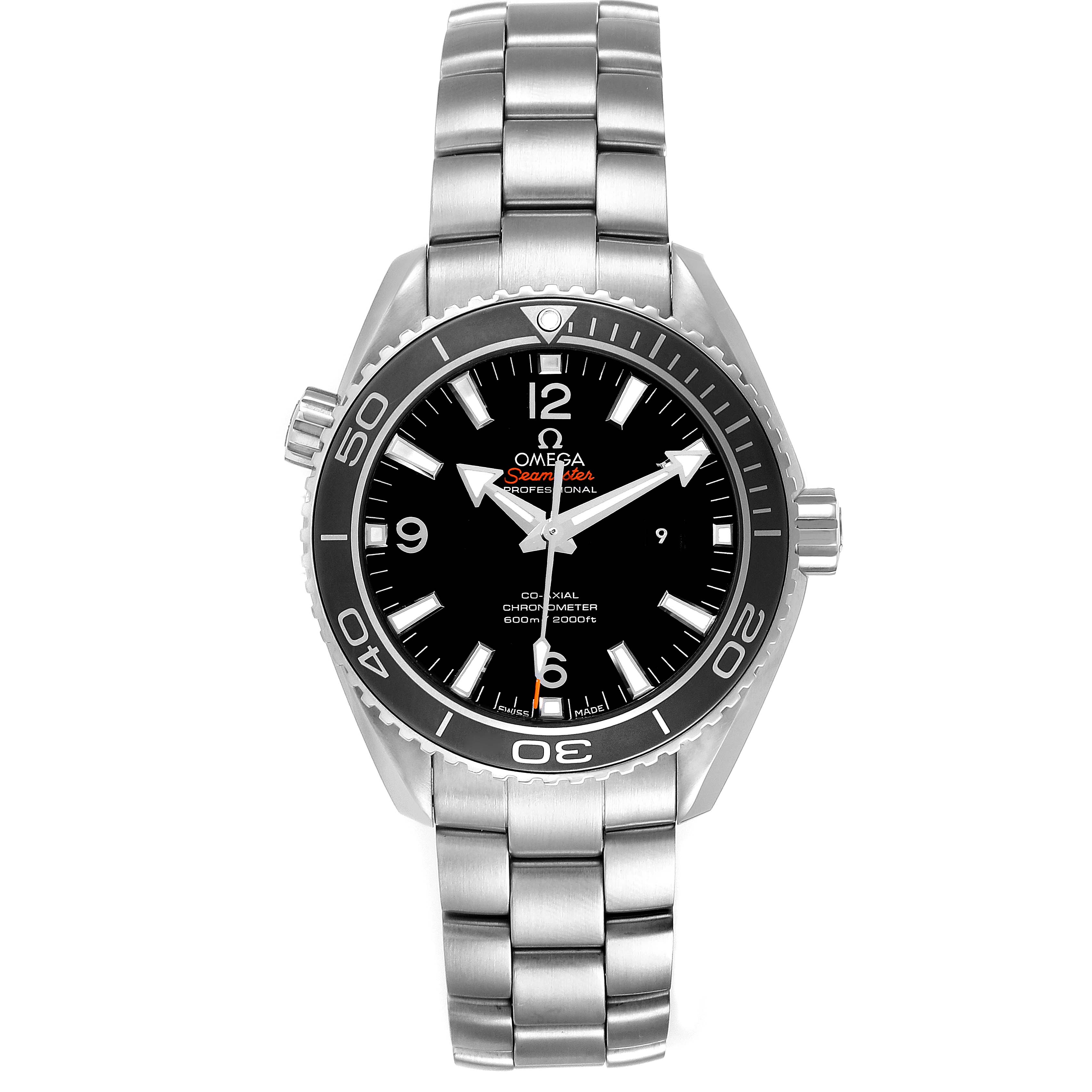 This image shows a front view of the Omega Planet Ocean 232.30.38.20.01.001 Men
s Stainless Steel Black Dial 232.30.38.20.01.001 Men
s Stainless Steel Black Dial watch model, including its dial, bezel, and stainless steel bracelet.