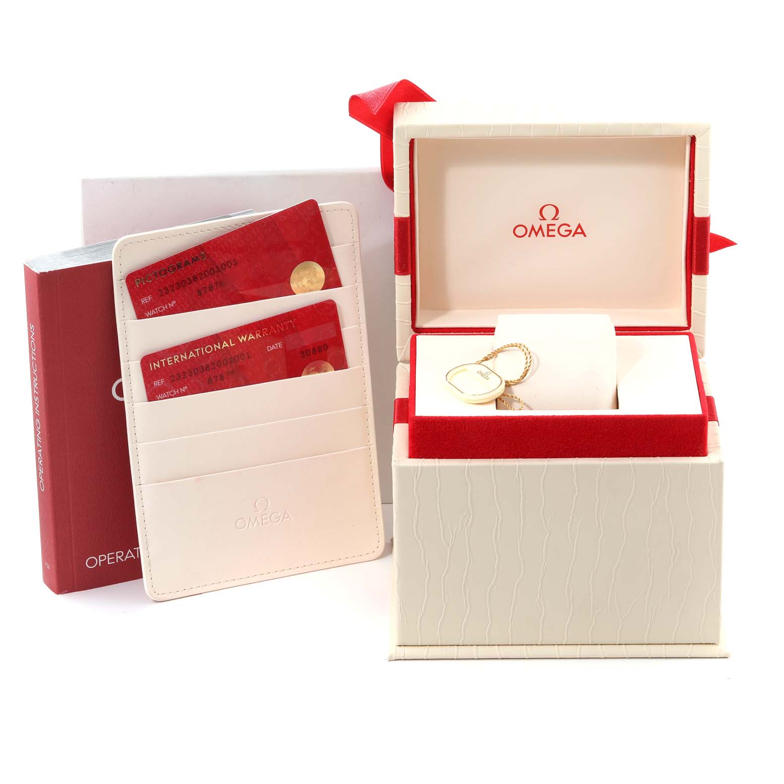 The image shows the Omega Planet Ocean 232.30.38.20.01.001 Men
s Stainless Steel Black Dial 232.30.38.20.01.001 Men
s Stainless Steel Black Dial watch
s box, warranty cards, instructional manual, and an empty cushion holder.