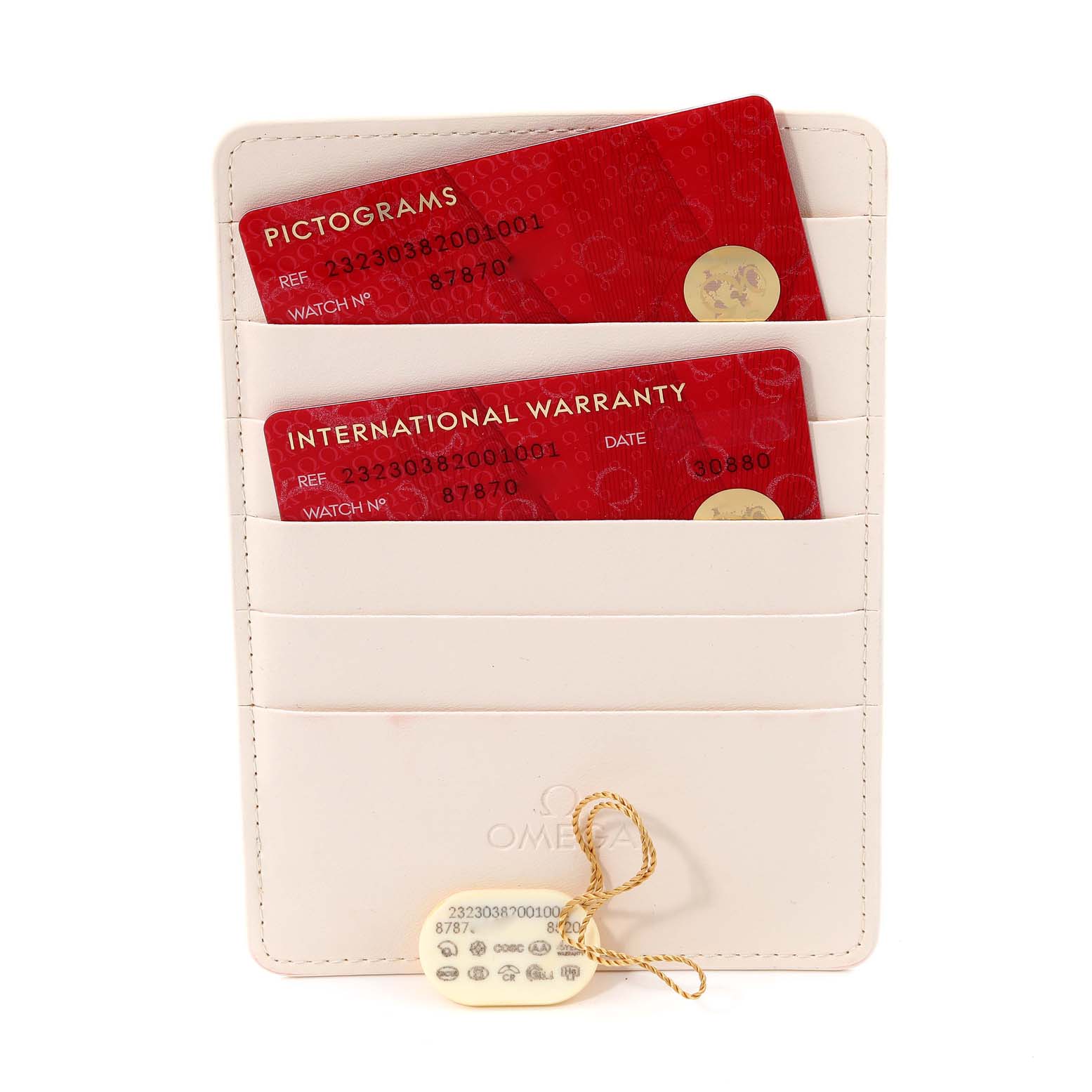 The image shows warranty cards and tags for the Omega Planet Ocean 232.30.38.20.01.001 Men
s Stainless Steel Black Dial 232.30.38.20.01.001 Men
s Stainless Steel Black Dial model watch, displayed in a white cardholder.