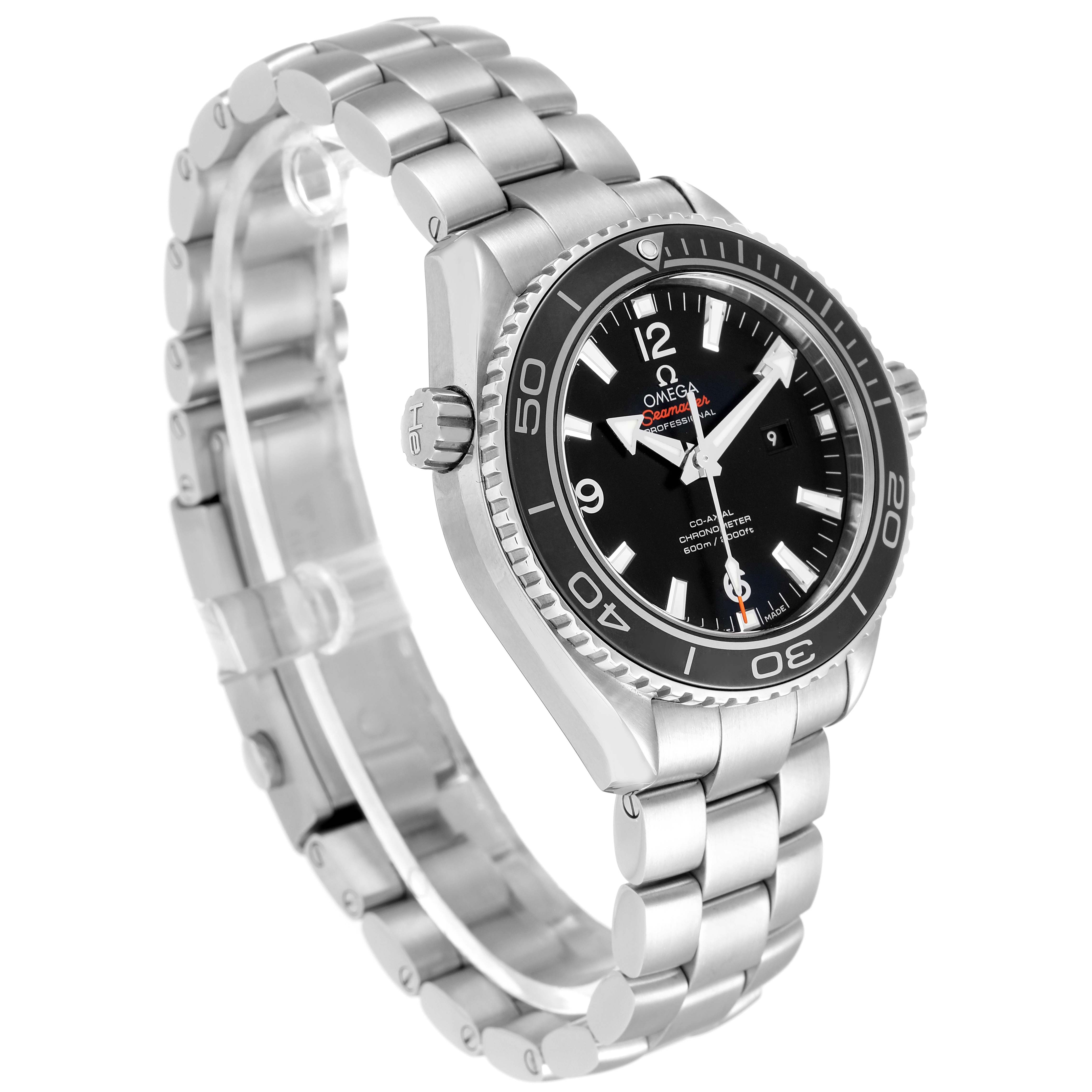 The Omega Planet Ocean 232.30.38.20.01.001 Men
s Stainless Steel Black Dial 232.30.38.20.01.001 Men
s Stainless Steel Black Dial watch is shown at an angled side view, highlighting the bracelet, case, bezel, and dial.