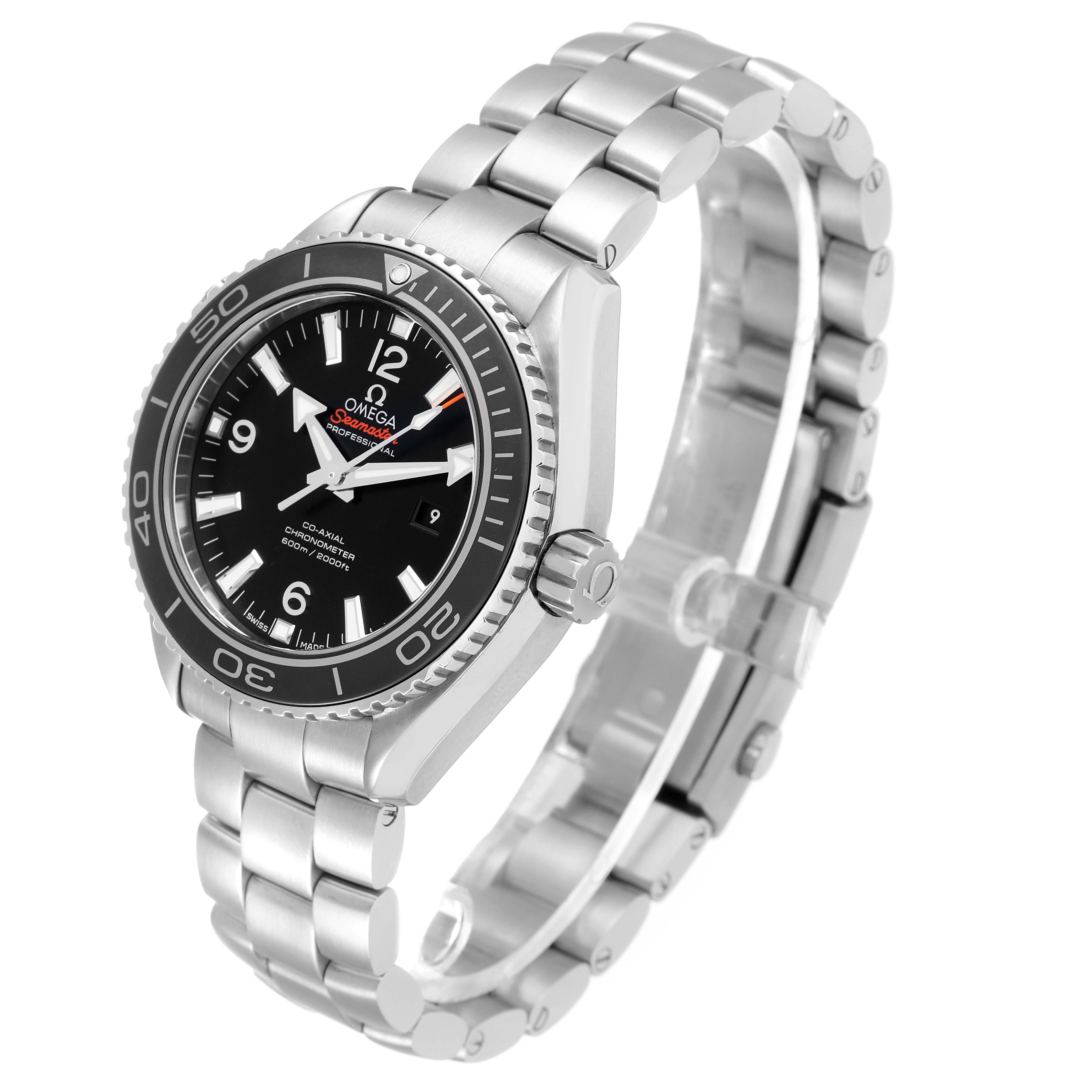 This image shows the Omega Planet Ocean 232.30.38.20.01.001 Men
s Stainless Steel Black Dial 232.30.38.20.01.001 Men
s Stainless Steel Black Dial watch at a three-quarter angle, displaying the face, bezel, crown, and stainless steel bracelet.