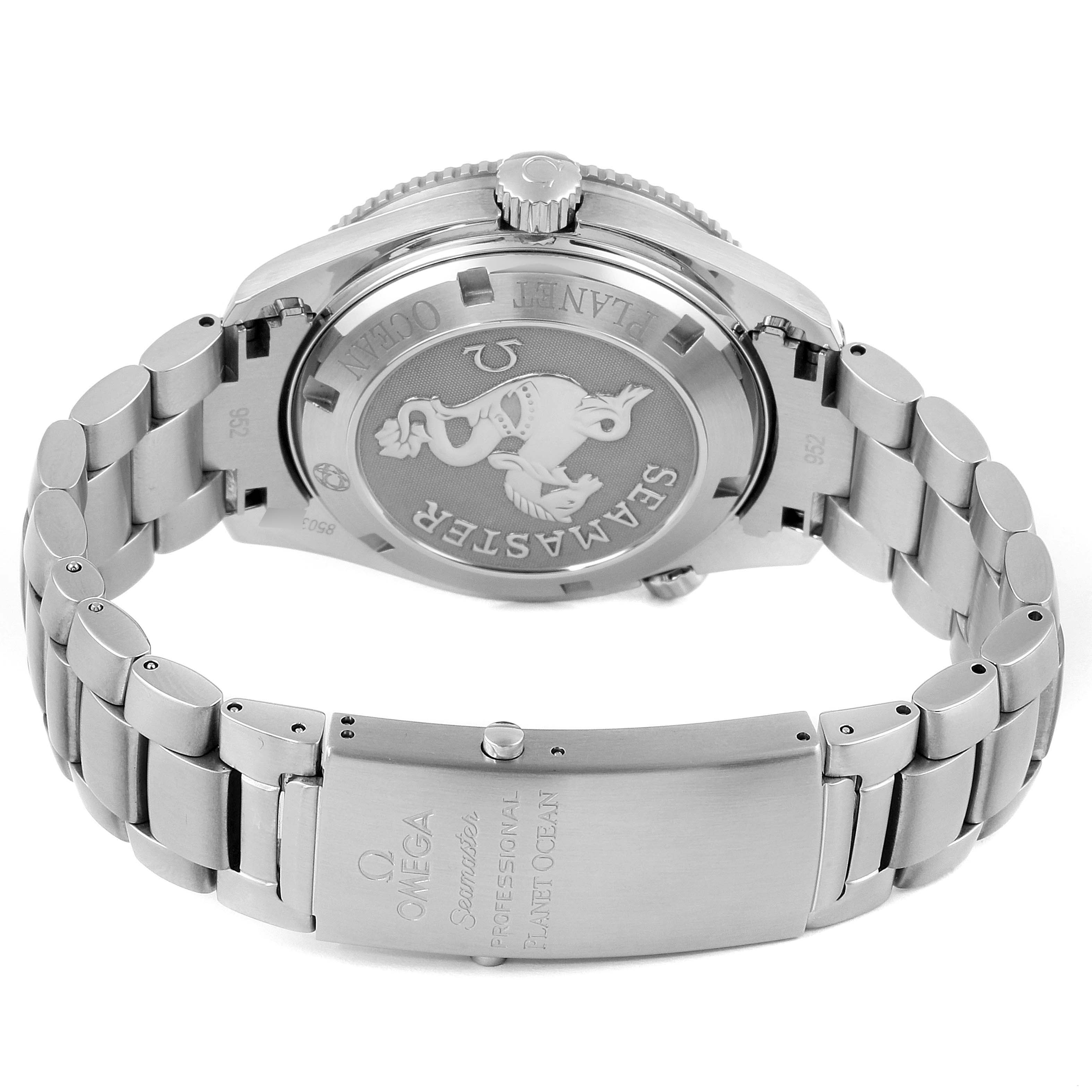 The image shows the back side of the Omega Planet Ocean 2209.50.00 Men
s Stainless Steel Black Dial 2209.50.00 Men
s Stainless Steel Black Dial watch, focusing on the case back and metal bracelet with the clasp.