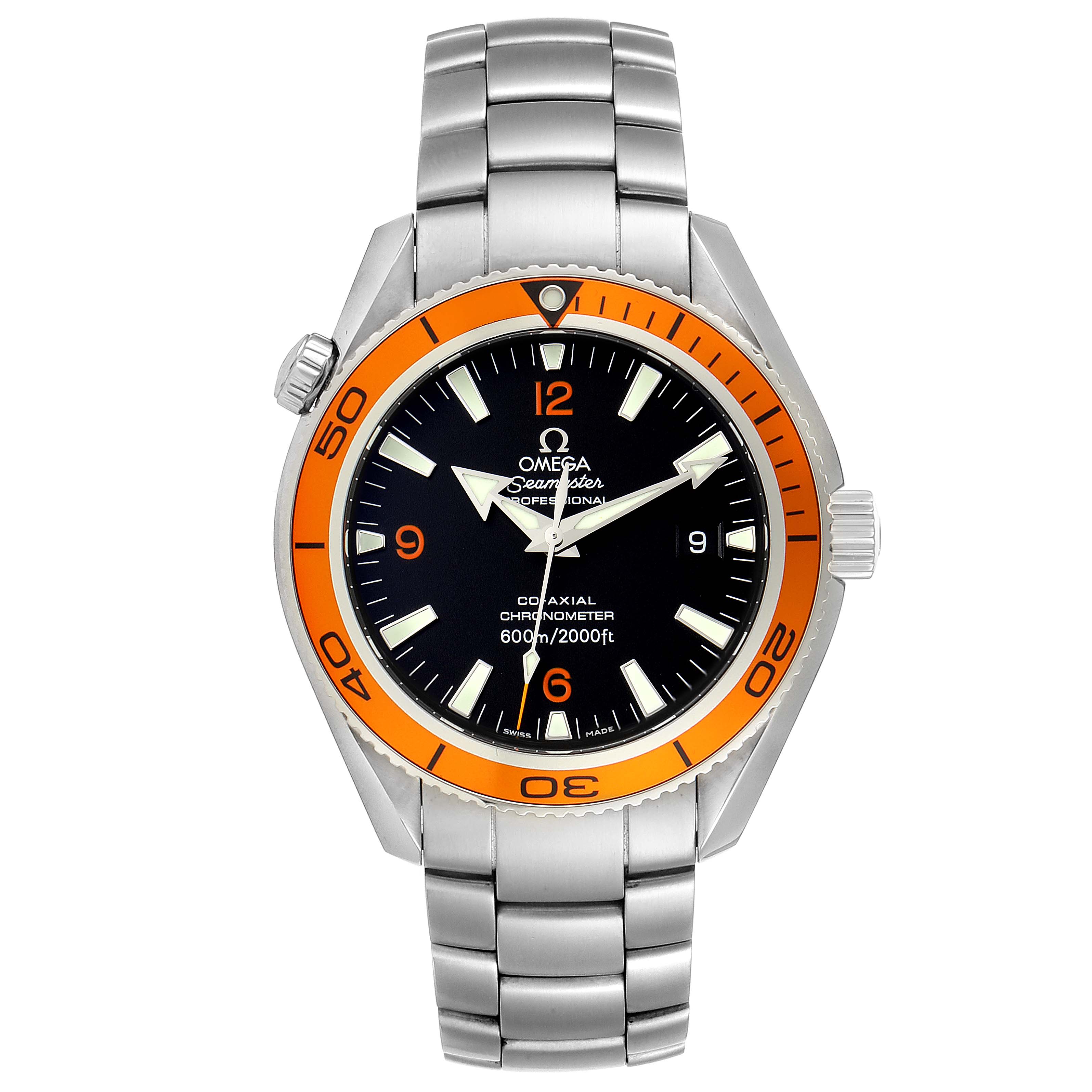 The image shows a frontal view of the Omega Planet Ocean 2209.50.00 Men
s Stainless Steel Black Dial 2209.50.00 Men
s Stainless Steel Black Dial model watch, displaying the face, bezel, crown, and bracelet.