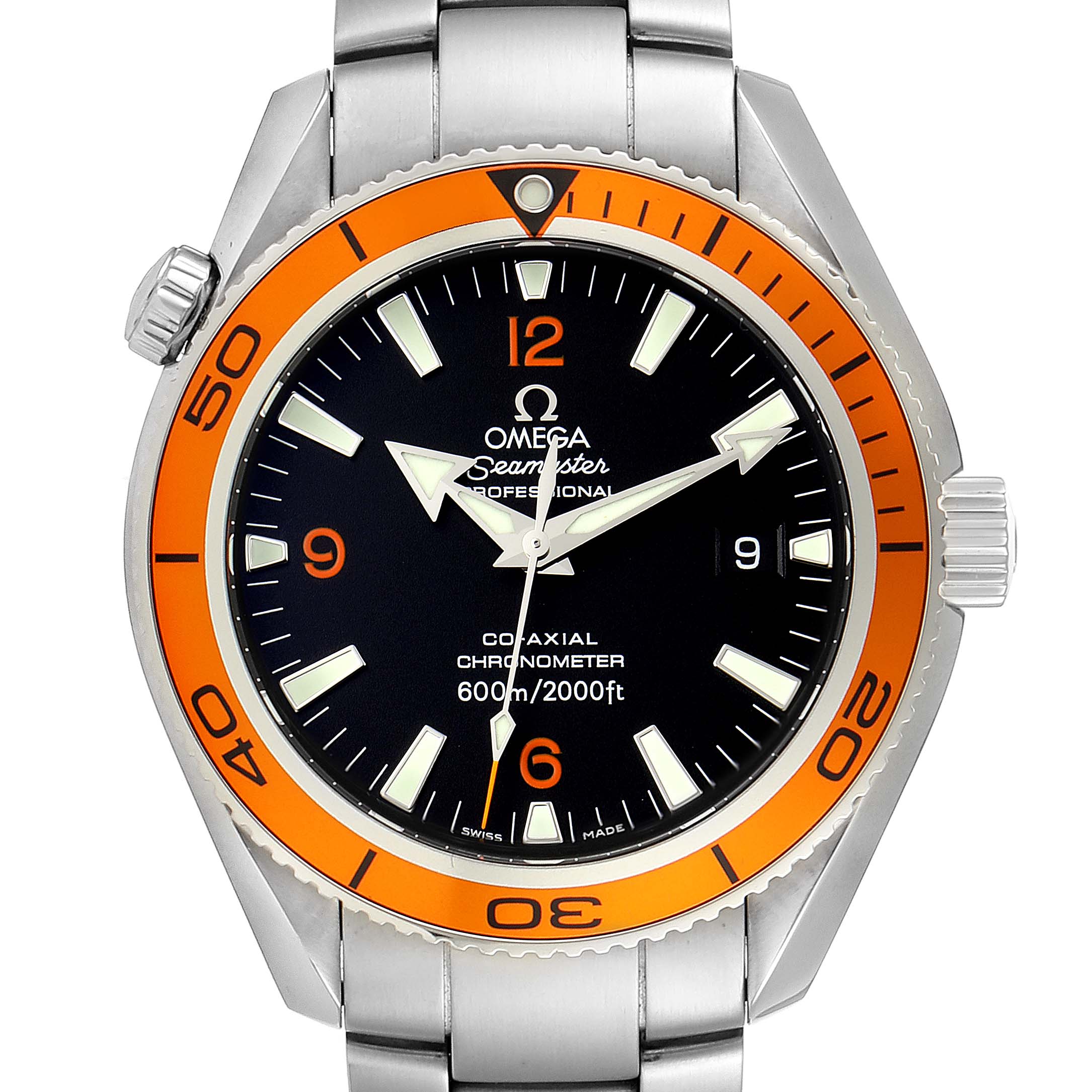 The image shows a front view of the Omega Planet Ocean 2209.50.00 Men
s Stainless Steel Black Dial 2209.50.00 Men
s Stainless Steel Black Dial watch, featuring the dial, bezel with orange highlights, and stainless steel bracelet.