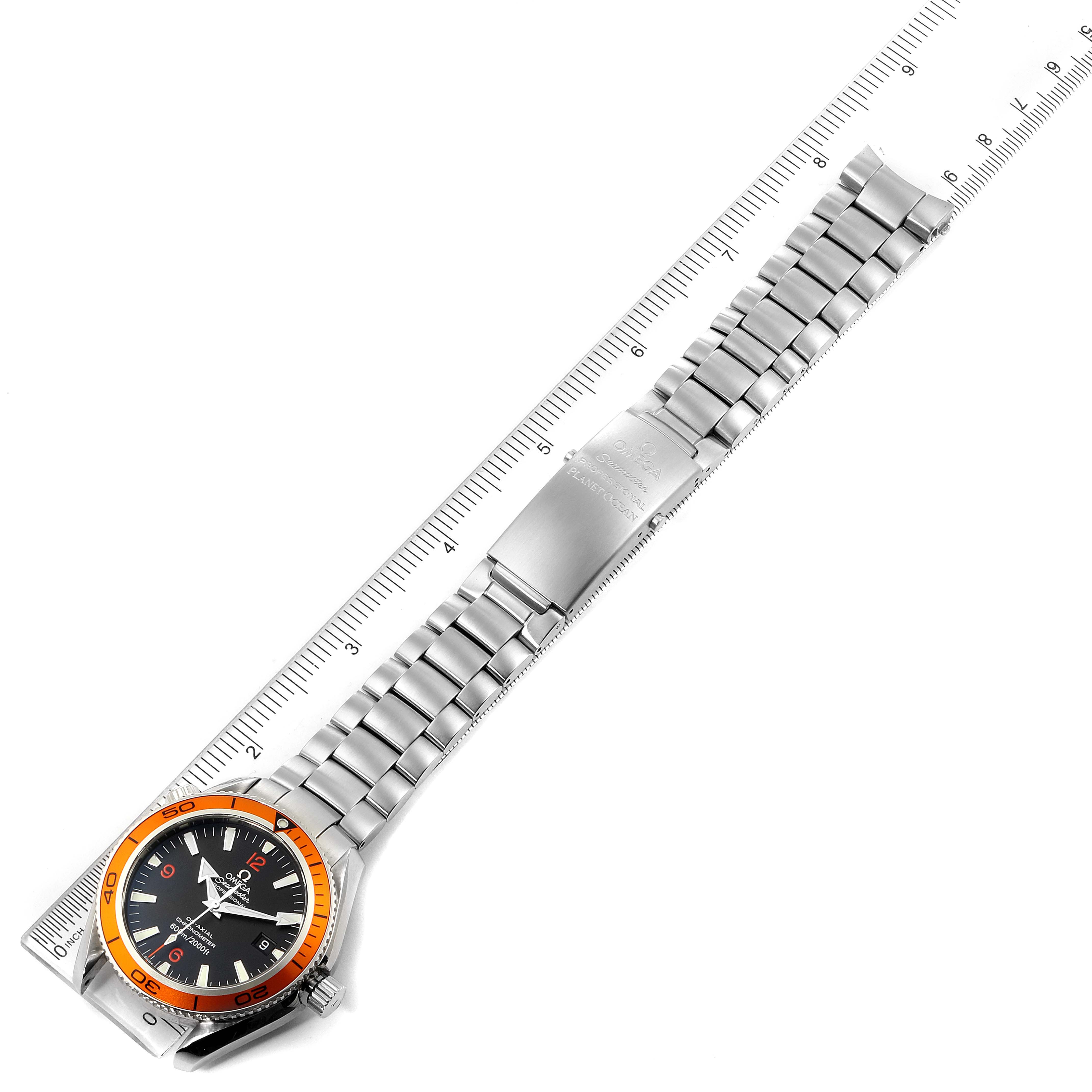 The image shows an angled view of an Omega Planet Ocean 2209.50.00 Men
s Stainless Steel Black Dial 2209.50.00 Men
s Stainless Steel Black Dial watch, displaying the face, bezel, and metal bracelet with a clasp.