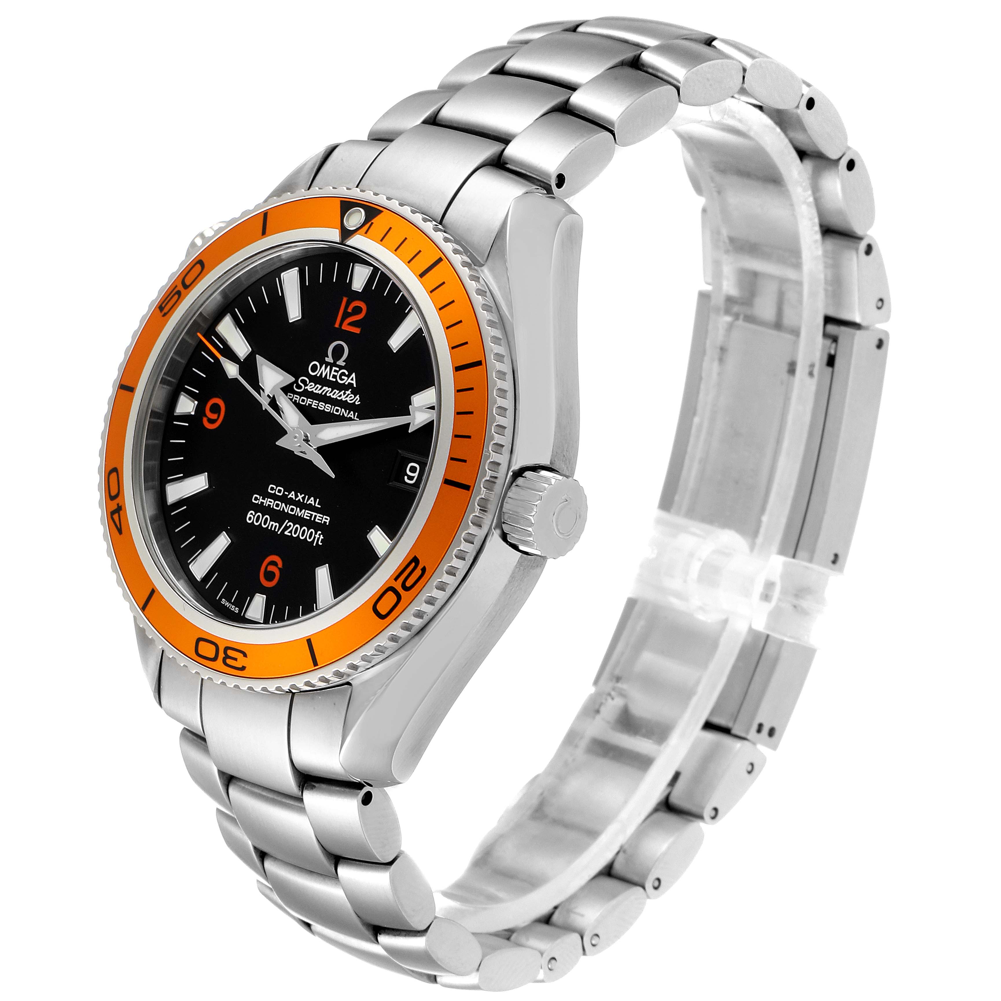 The image shows a side angle of the Omega Planet Ocean 2209.50.00 Men
s Stainless Steel Black Dial 2209.50.00 Men
s Stainless Steel Black Dial watch, highlighting its silver strap, black dial, and orange bezel.