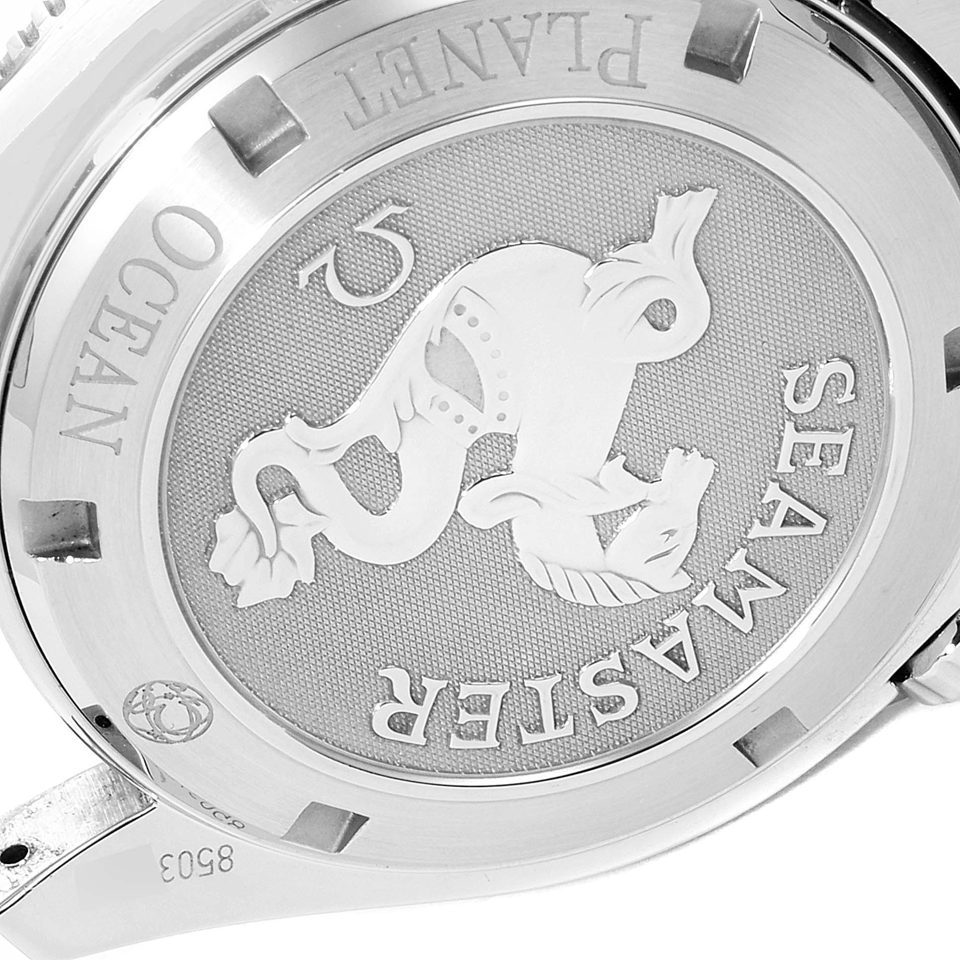 The image shows the case back of the Omega Planet Ocean 2209.50.00 Men
s Stainless Steel Black Dial 2209.50.00 Men
s Stainless Steel Black Dial Seamaster watch with intricate engravings and model details.