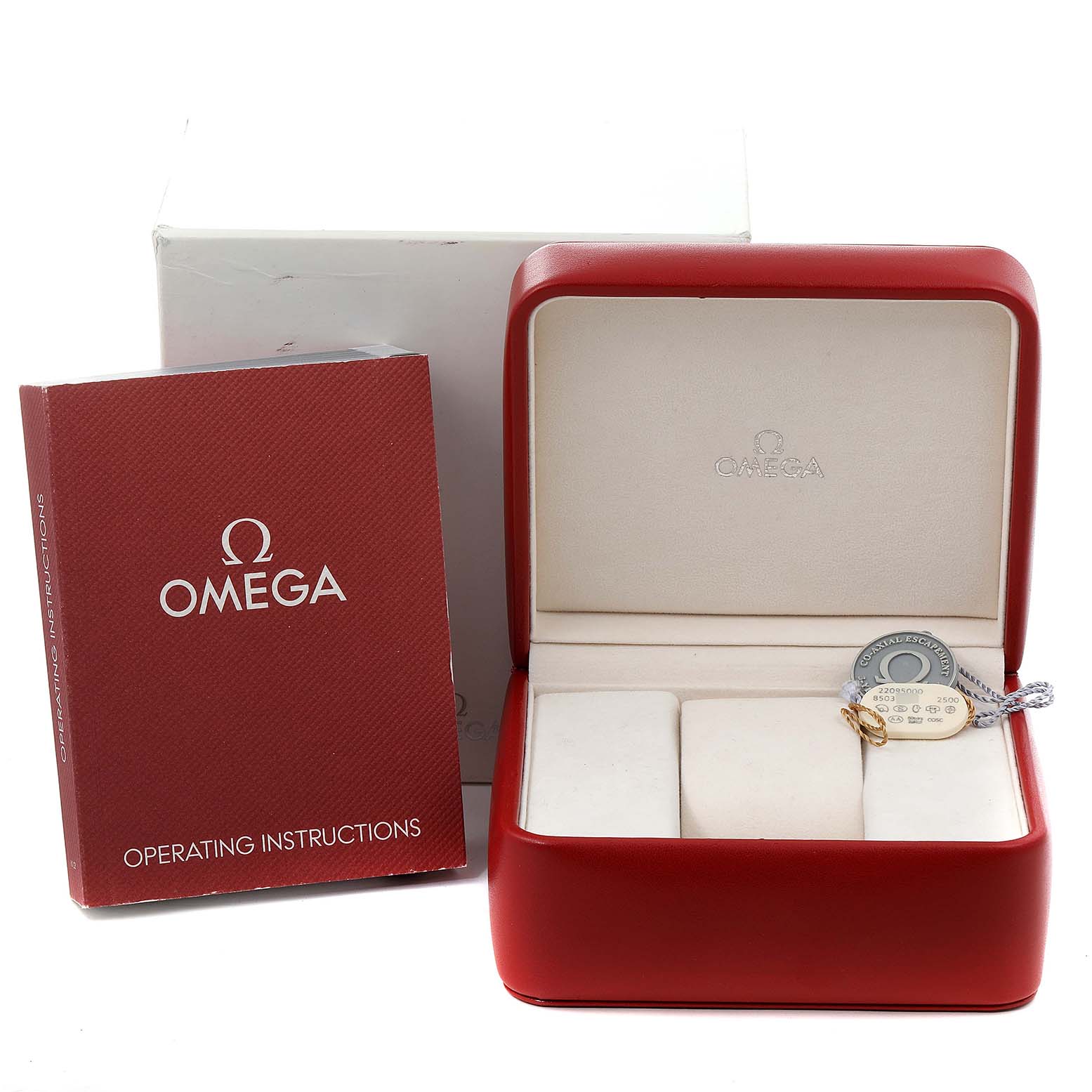 The image shows the Omega Planet Ocean 2209.50.00 Men
s Stainless Steel Black Dial 2209.50.00 Men
s Stainless Steel Black Dial watch accessories, including the red watch box and operating instructions manual.