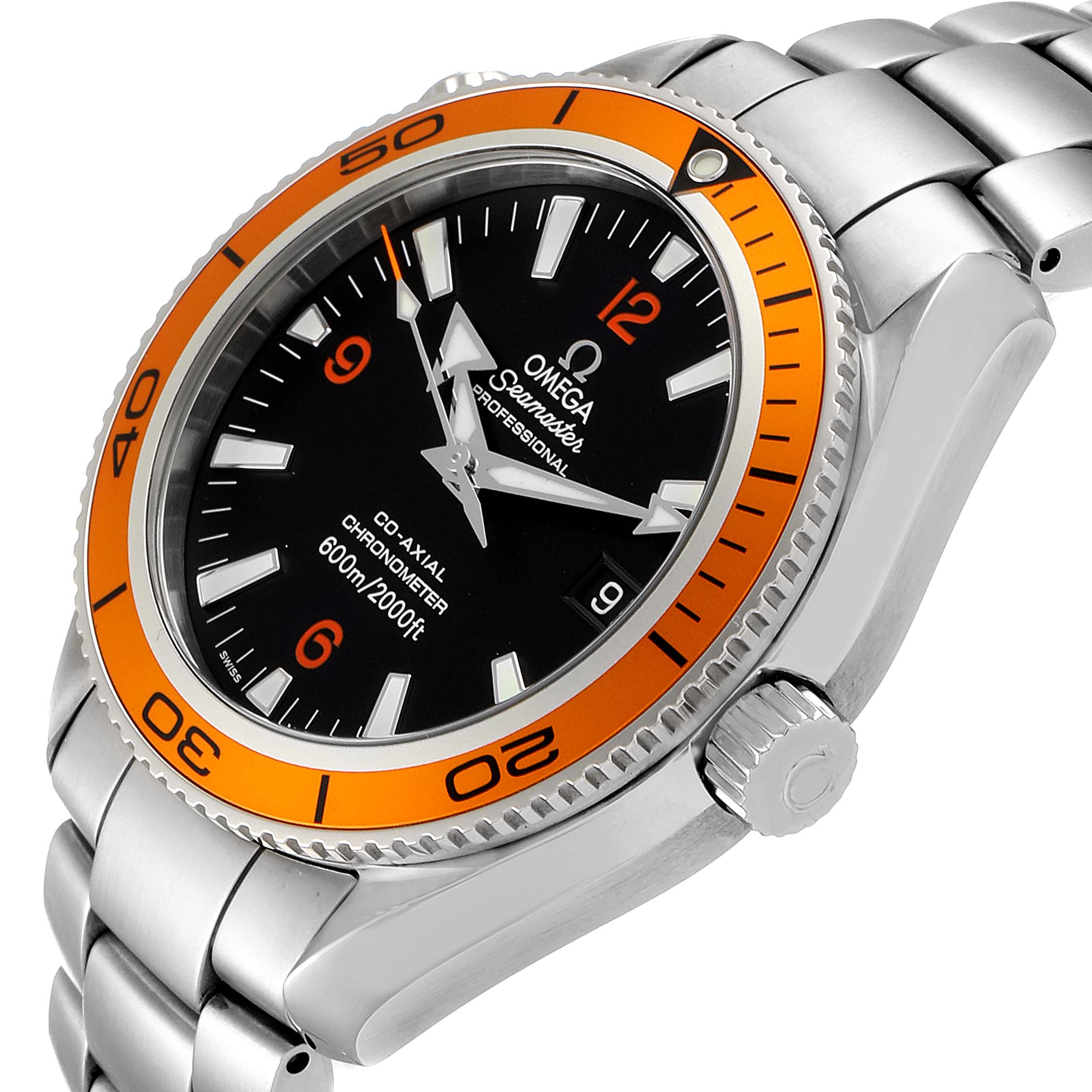The image shows a close-up of the Omega Planet Ocean 2209.50.00 Men
s Stainless Steel Black Dial 2209.50.00 Men
s Stainless Steel Black Dial watch, highlighting its orange bezel, black dial, and stainless steel bracelet.