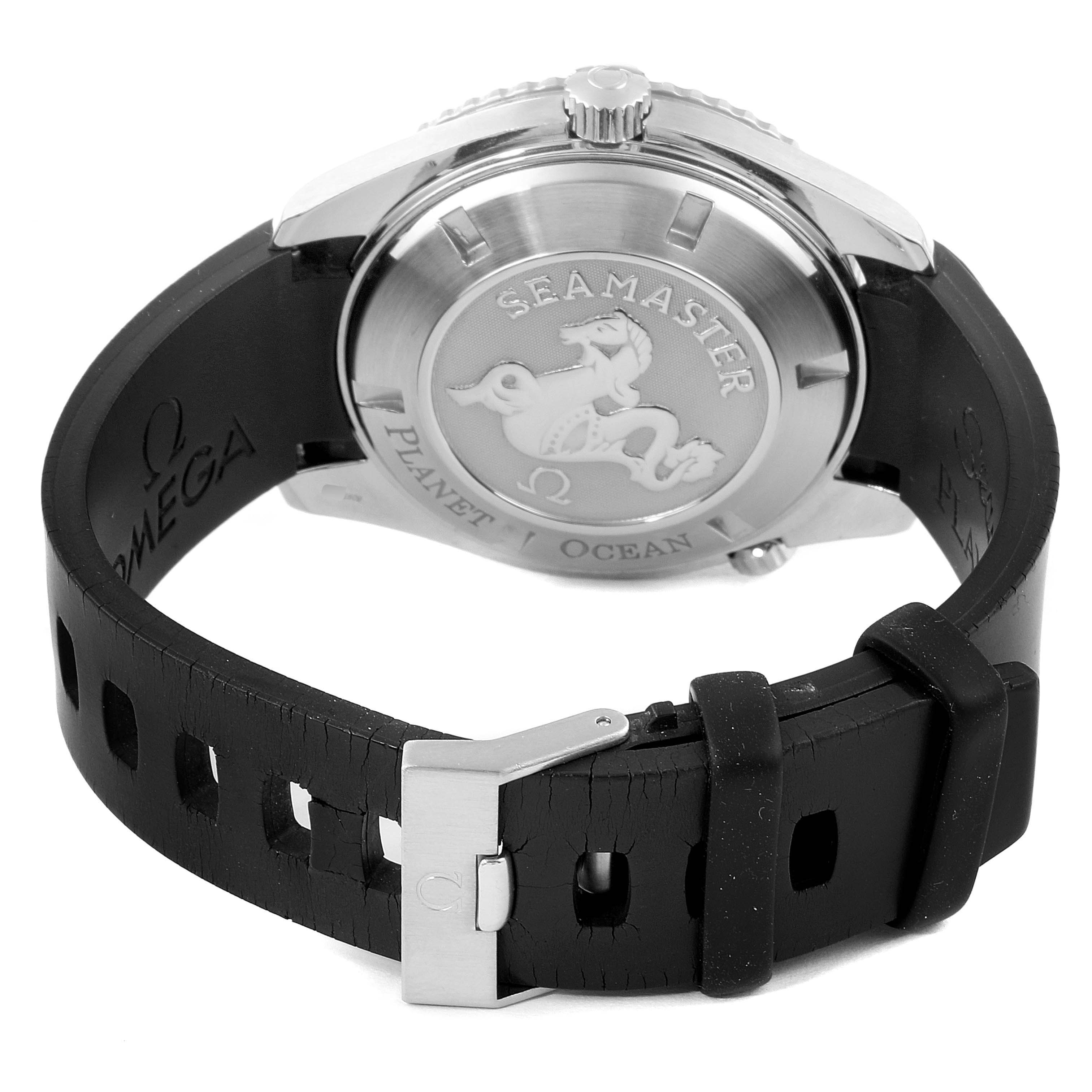 This image shows the back and strap of the Omega Planet Ocean 2908.50.91 Men
s Stainless Steel Black Dial 2908.50.91 Men
s Stainless Steel Black Dial watch, highlighting the case back and clasp.