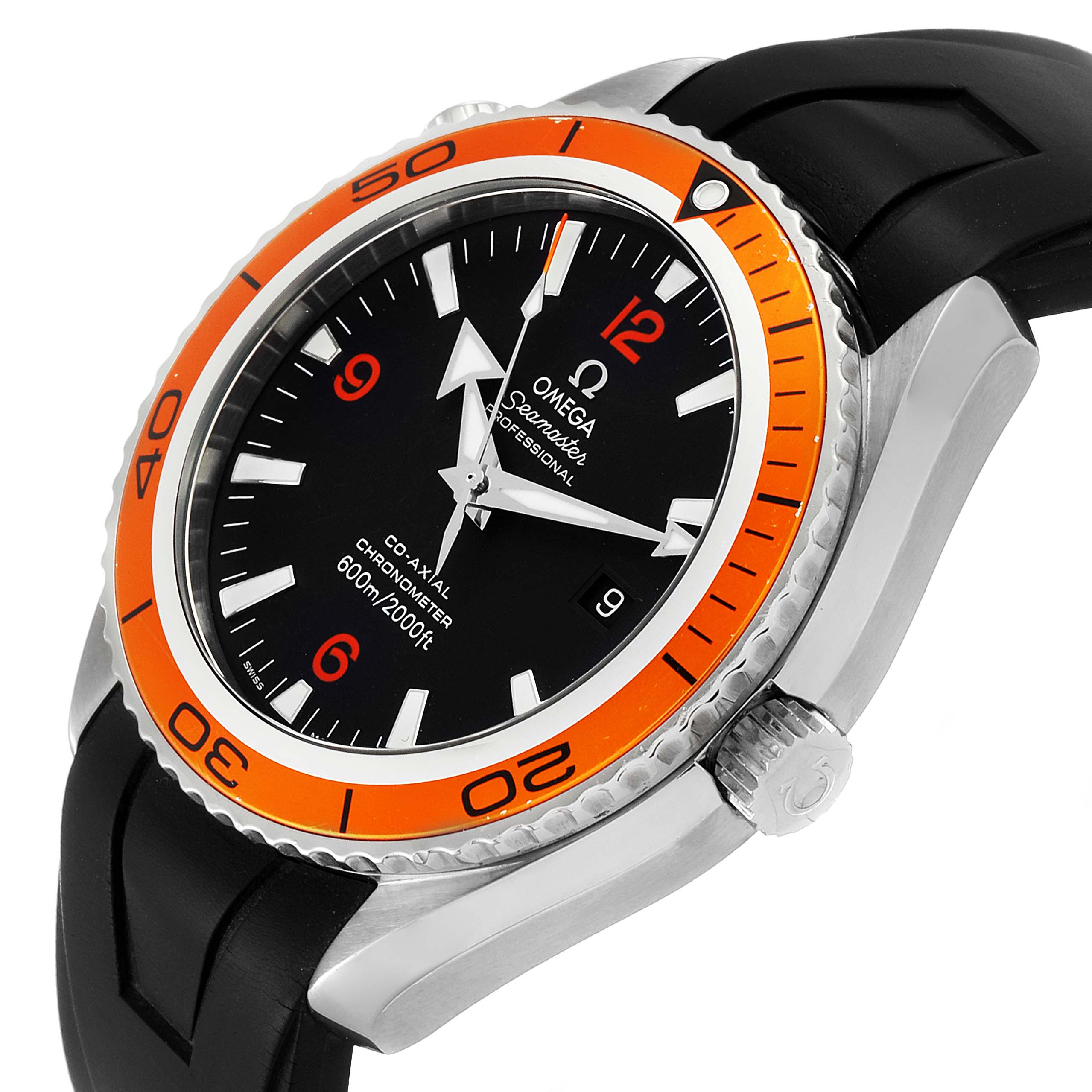 The Omega Planet Ocean 2908.50.91 Men
s Stainless Steel Black Dial 2908.50.91 Men
s Stainless Steel Black Dial watch is shown at a slight angle, highlighting the black dial, orange bezel, crown, and rubber strap.