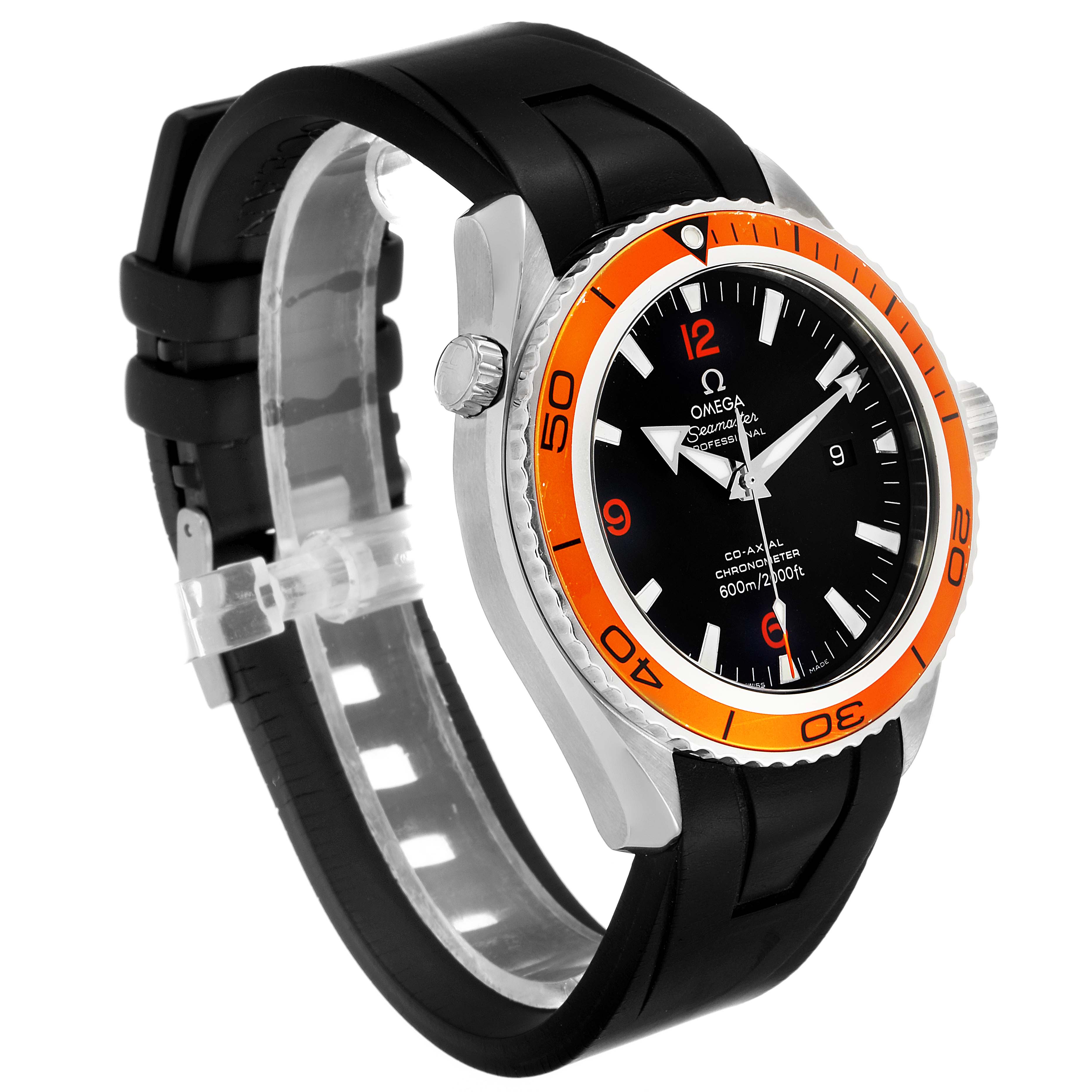 This image shows an Omega Planet Ocean 2908.50.91 Men
s Stainless Steel Black Dial 2908.50.91 Men
s Stainless Steel Black Dial watch at a slight angle revealing the face, markings, bezel, and part of the rubber strap.