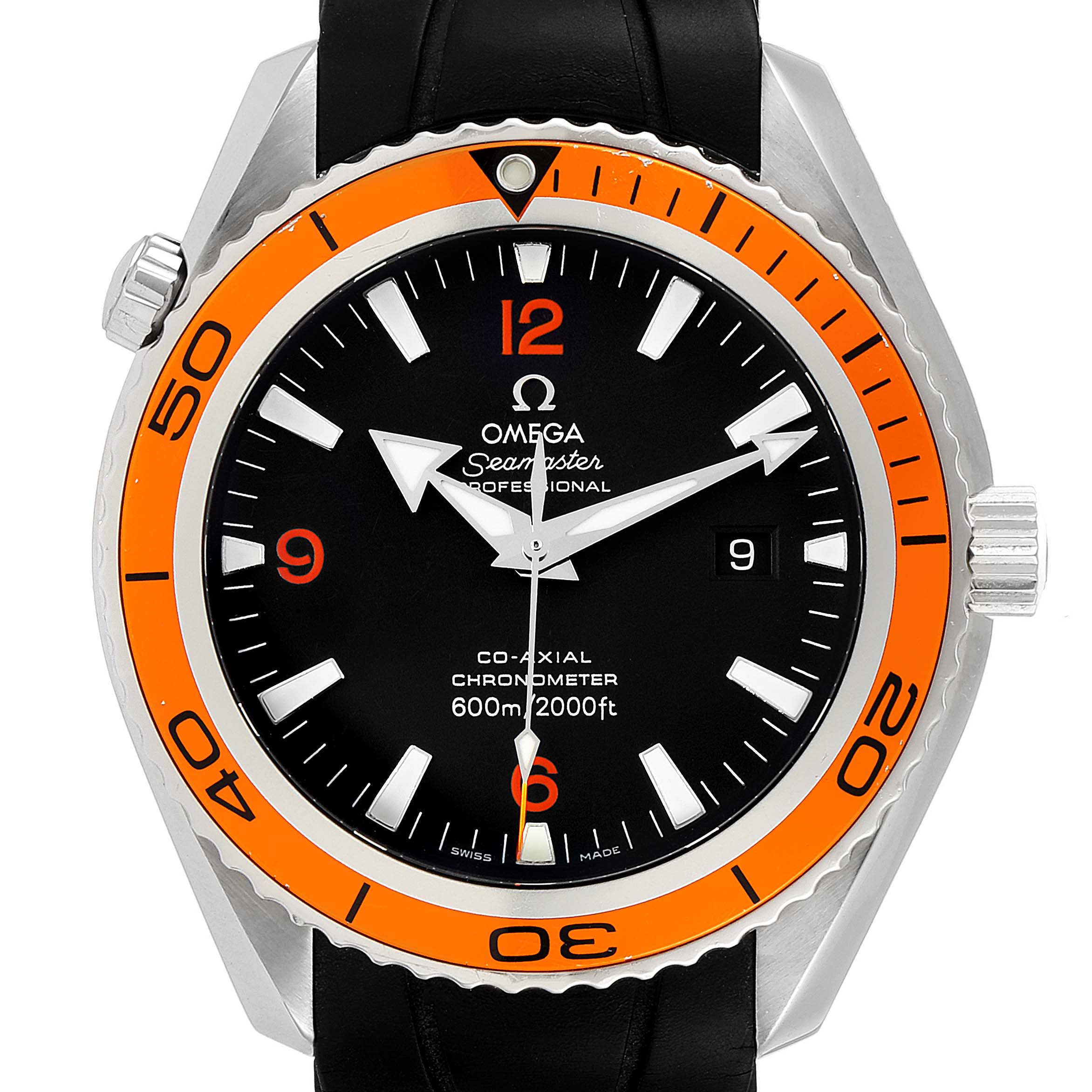The image shows the front view of an Omega Planet Ocean 2908.50.91 Men
s Stainless Steel Black Dial 2908.50.91 Men
s Stainless Steel Black Dial Seamaster watch, featuring the face, bezel, and strap.