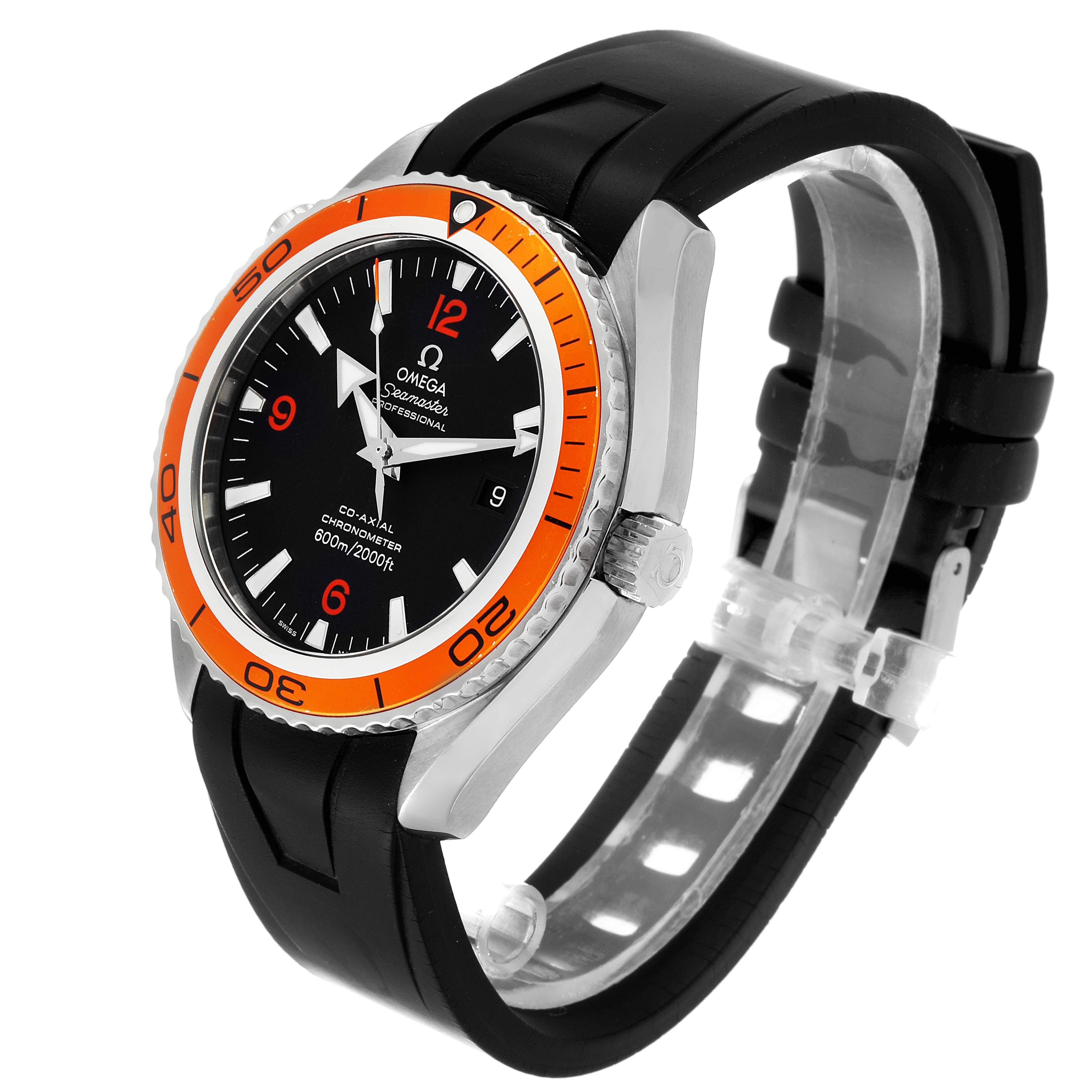 The image shows an Omega Planet Ocean 2908.50.91 Men
s Stainless Steel Black Dial 2908.50.91 Men
s Stainless Steel Black Dial watch, featuring a black dial, orange bezel, and black rubber strap at a slight angle from the front-right side.