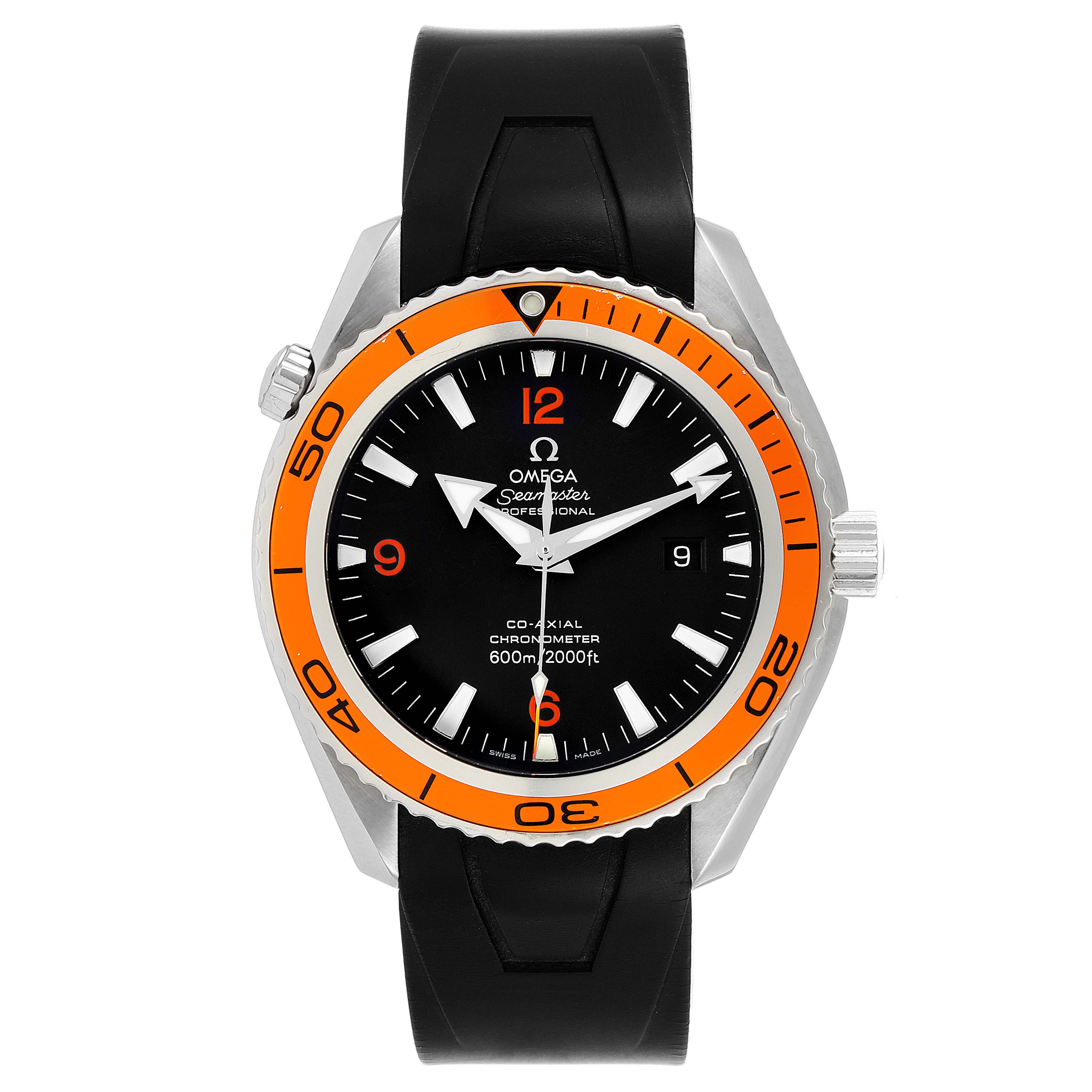 The Omega Planet Ocean 2908.50.91 Men
s Stainless Steel Black Dial 2908.50.91 Men
s Stainless Steel Black Dial watch is shown from a front angle, featuring the dial, bezel, and strap.