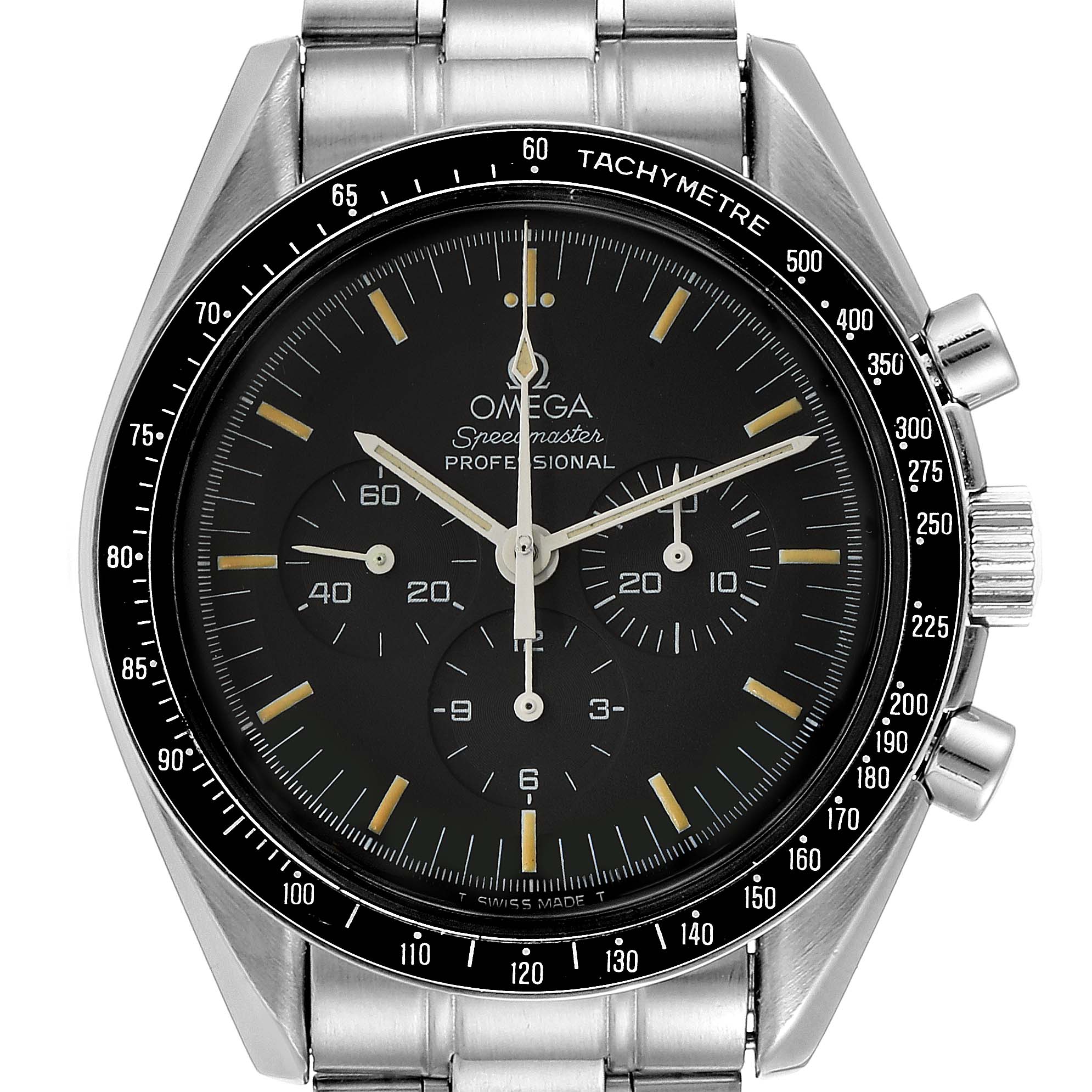 The image shows a front view of the Omega Speedmaster 3590.50.00 Men
s Stainless Steel Black Dial 3590.50.00 Men
s Stainless Steel Black Dial watch, highlighting the dial, hands, sub-dials, and bezel.
