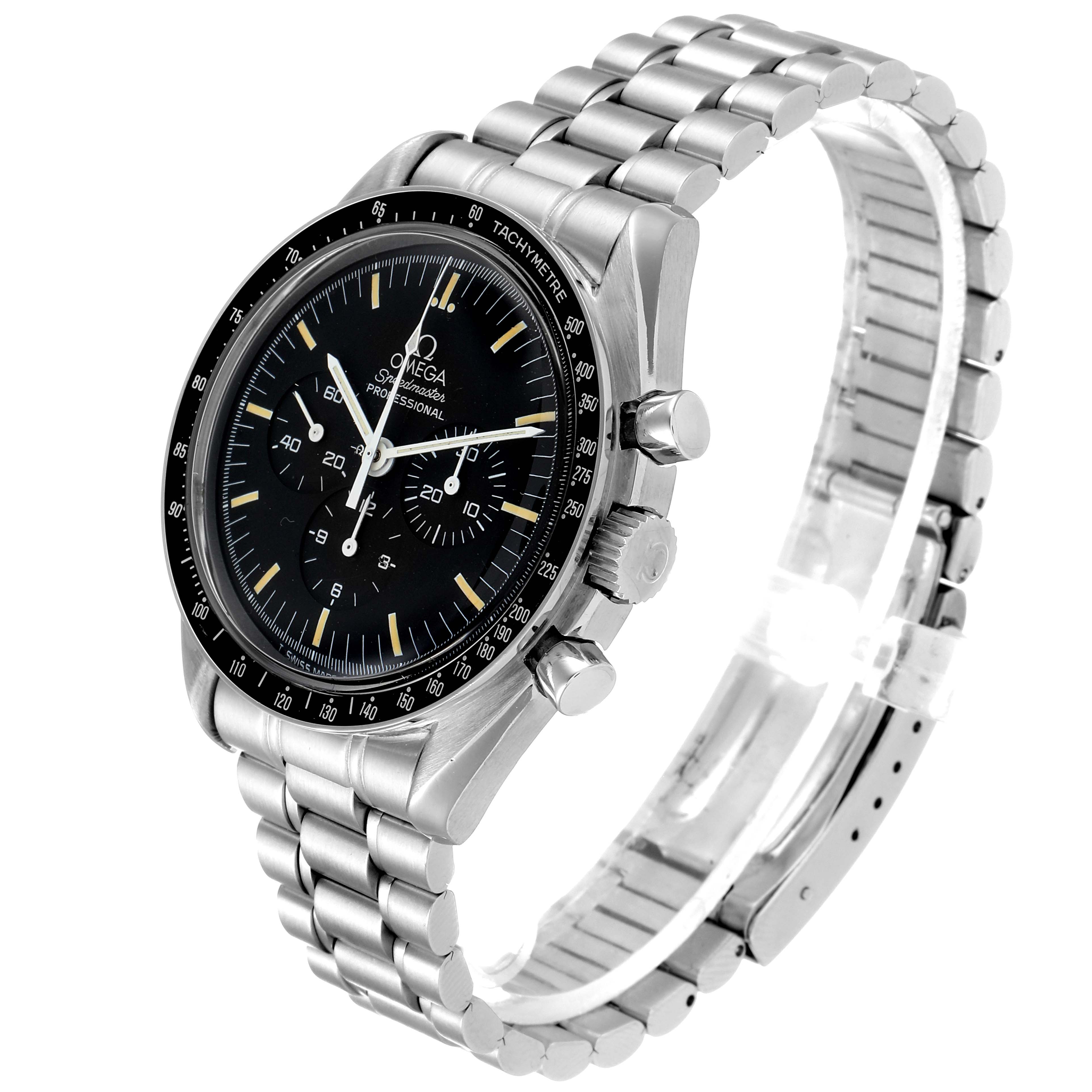 The image shows an angled view of the Omega Speedmaster 3590.50.00 Men
s Stainless Steel Black Dial 3590.50.00 Men
s Stainless Steel Black Dial watch, highlighting its face and metal bracelet.
