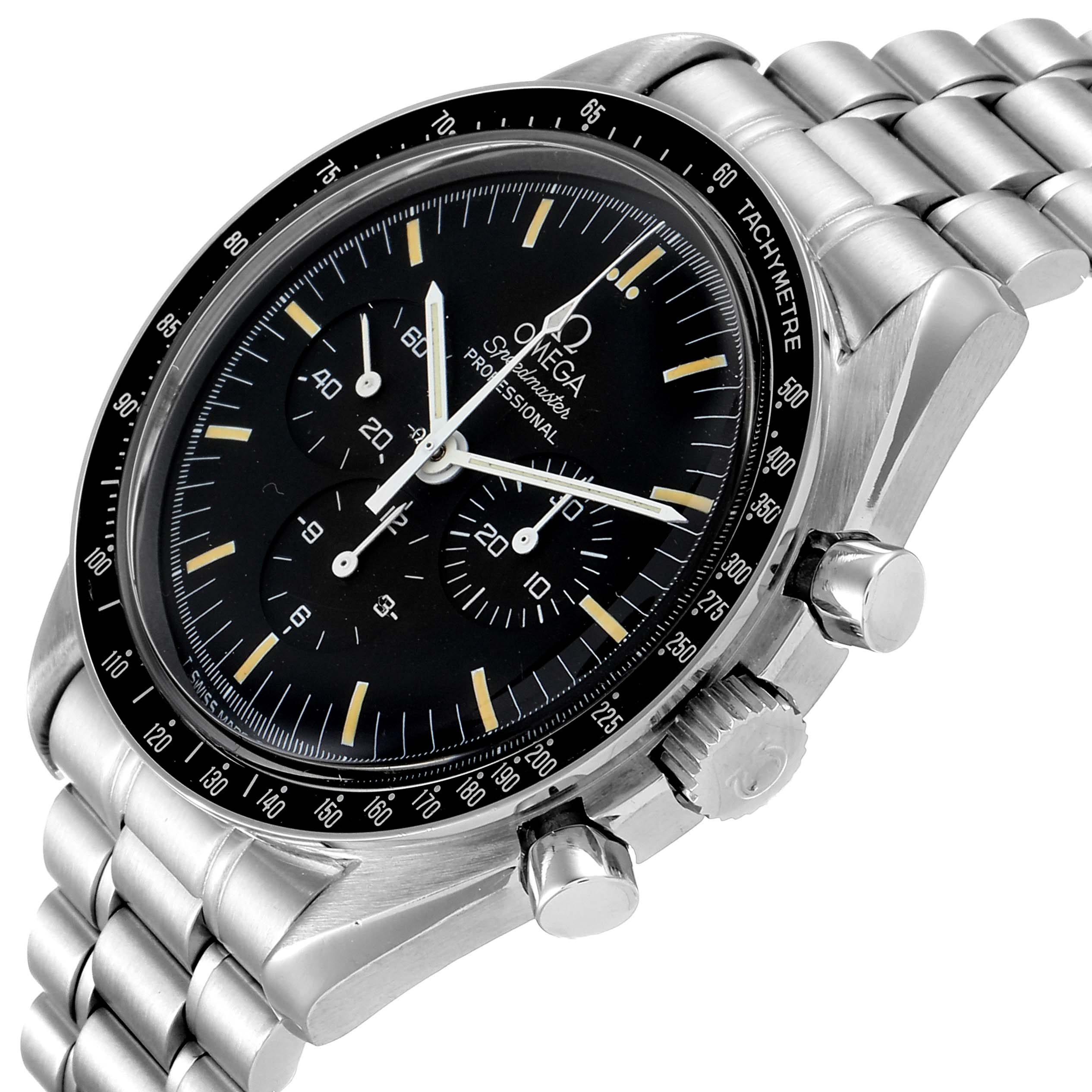 The image shows a front-side angle of an Omega Speedmaster 3590.50.00 Men
s Stainless Steel Black Dial 3590.50.00 Men
s Stainless Steel Black Dial watch, highlighting the dial, bezel, and metal bracelet.