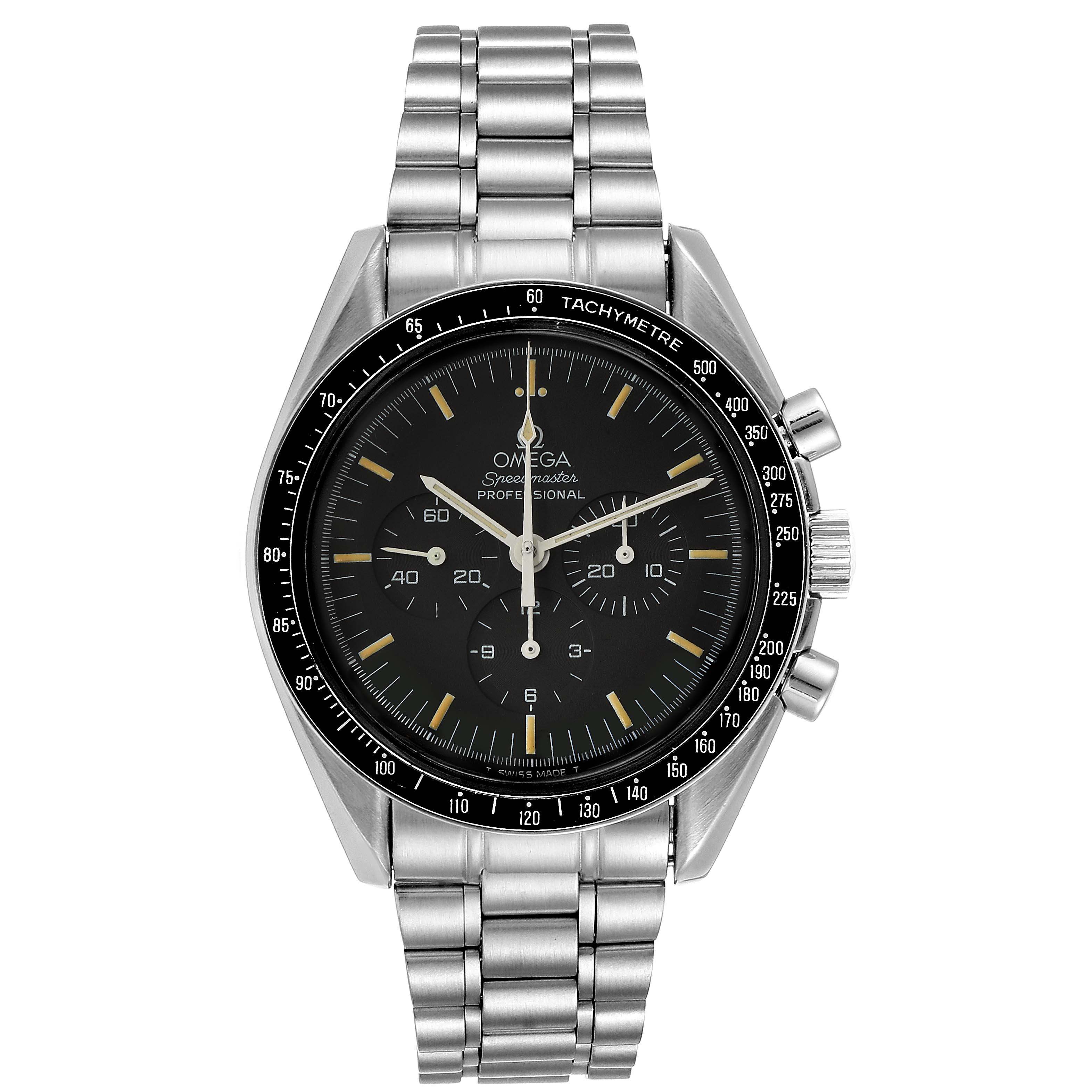 This Omega Speedmaster 3590.50.00 Men
s Stainless Steel Black Dial 3590.50.00 Men
s Stainless Steel Black Dial model watch is shown from the front, displaying its bezel, dial, hands, subdials, and metal bracelet.