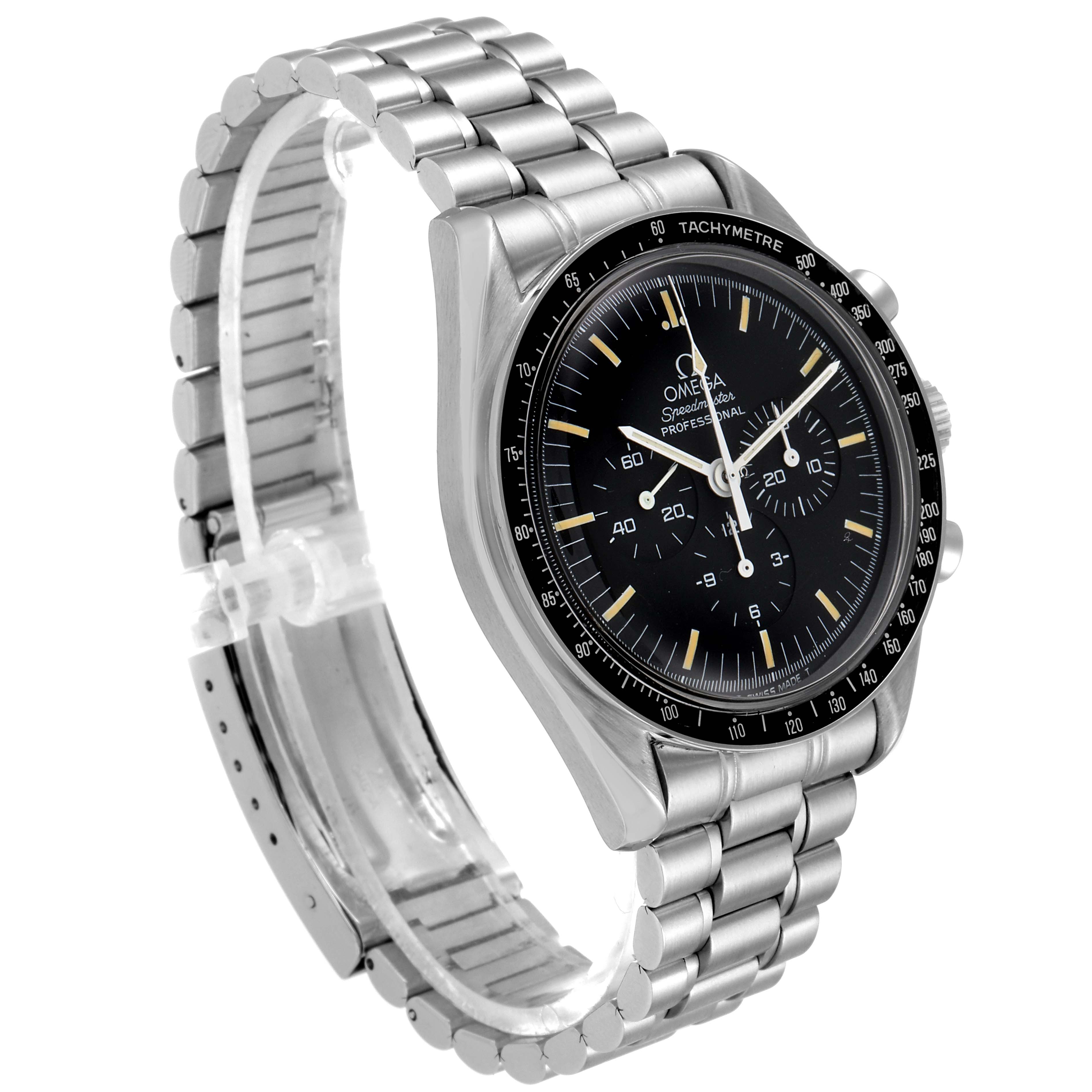 The image shows a 3/4 angle view of an Omega Speedmaster 3590.50.00 Men
s Stainless Steel Black Dial 3590.50.00 Men
s Stainless Steel Black Dial watch, highlighting its face, bezel, and stainless steel bracelet.