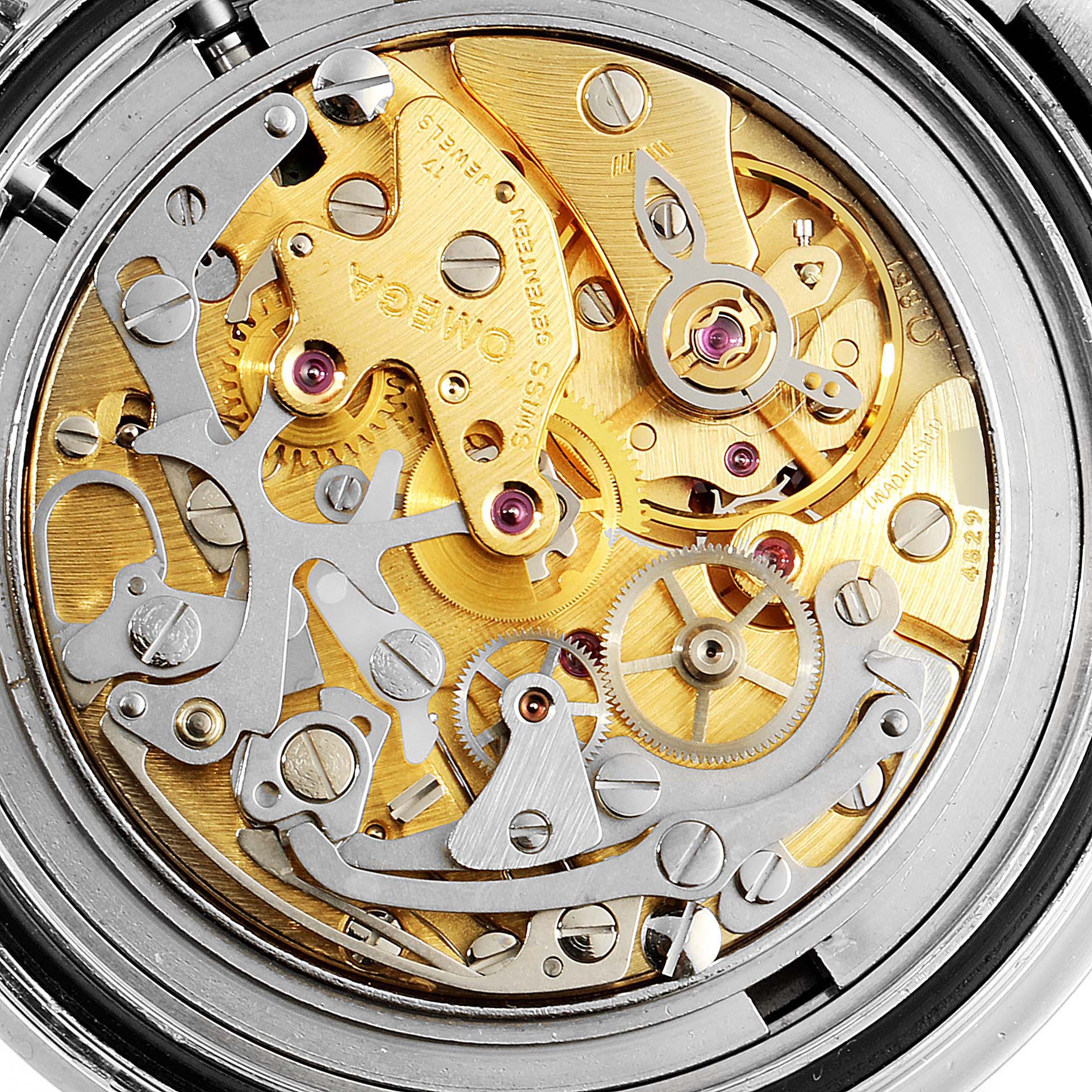 This image shows the intricate internal mechanism of an Omega Speedmaster 3590.50.00 Men
s Stainless Steel Black Dial 3590.50.00 Men
s Stainless Steel Black Dial watch from a close-up angle.