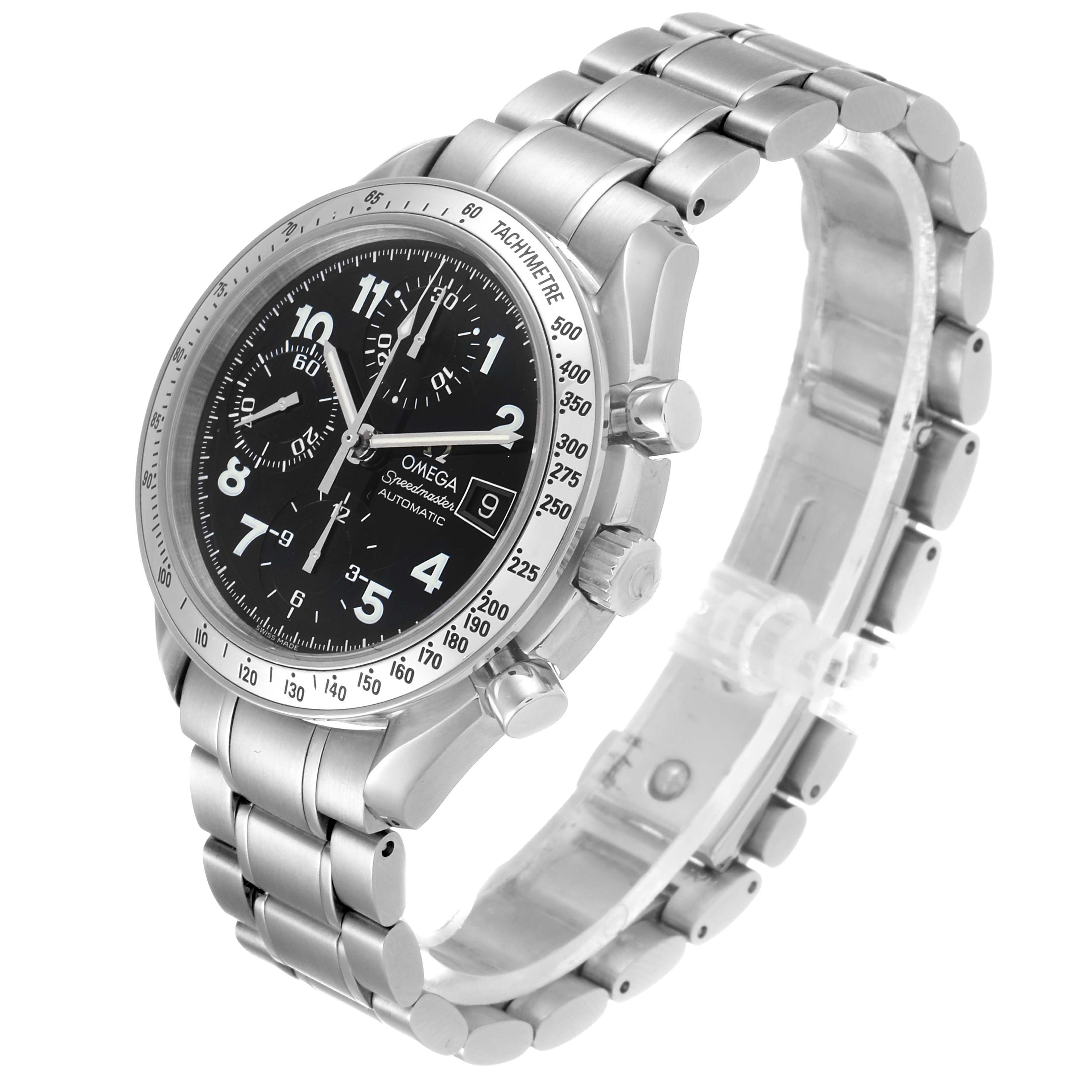 The image shows an angled side view of the Omega Speedmaster 3513.52.00 Men's Stainless Steel Black Dial 3513.52.00 Men's Stainless Steel Black Dial watch, highlighting the face, bezel, pushers, and bracelet.