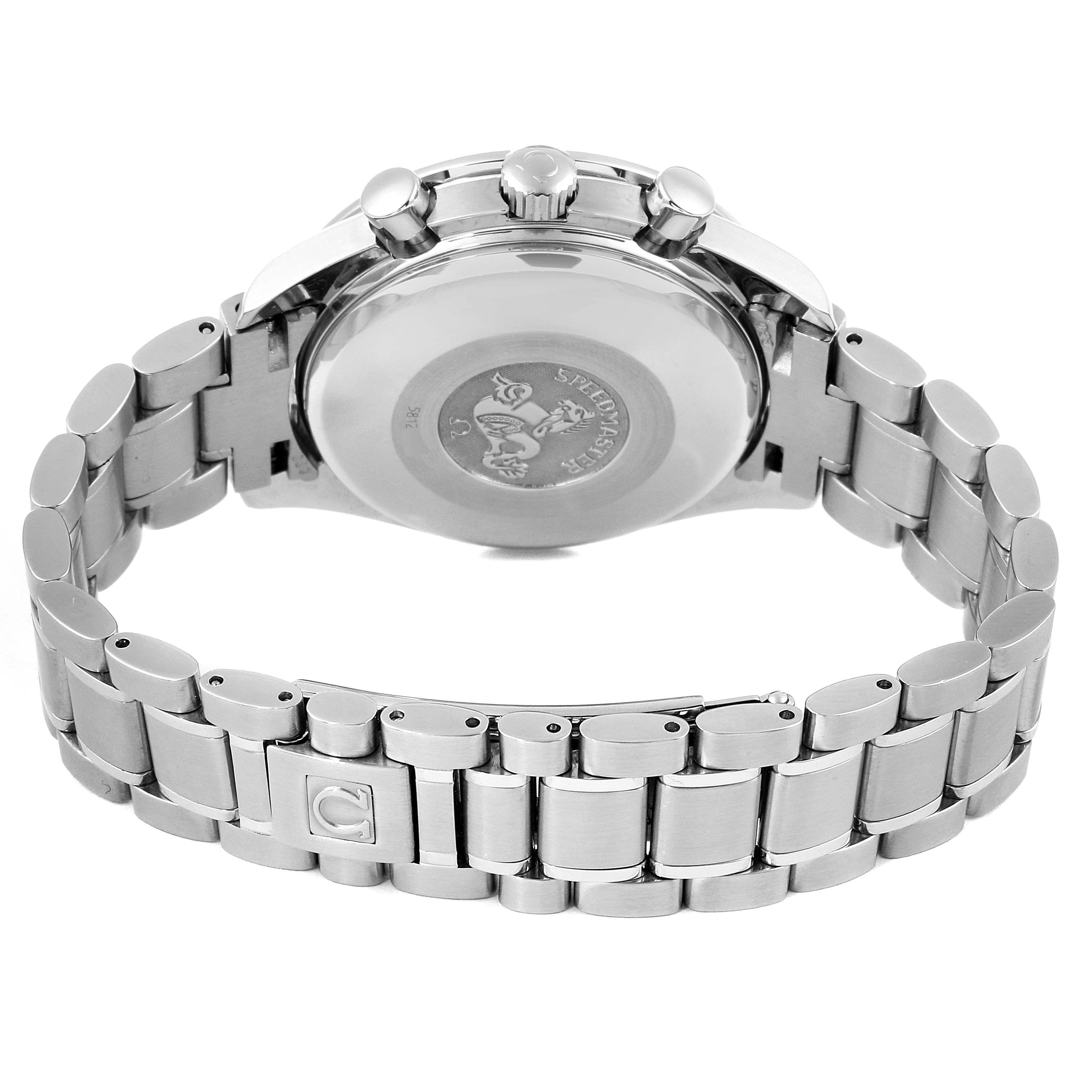 The image shows the back case and bracelet of an Omega Speedmaster 3513.52.00 Men's Stainless Steel Black Dial 3513.52.00 Men's Stainless Steel Black Dial watch from a rear angle.
