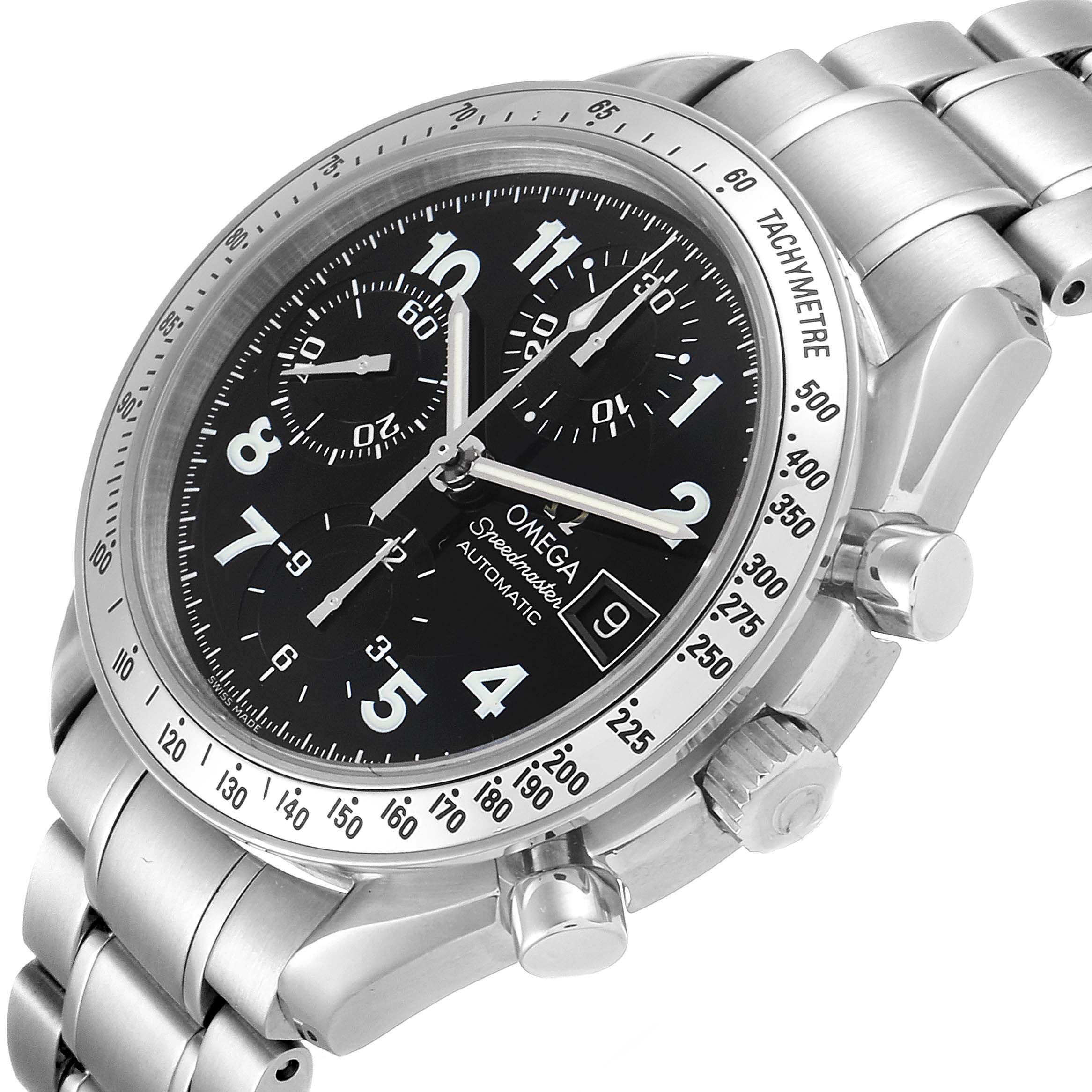 The Omega Speedmaster 3513.52.00 Men's Stainless Steel Black Dial 3513.52.00 Men's Stainless Steel Black Dial watch is shown at an angle, highlighting the case, dial, tachymeter bezel, and bracelet.
