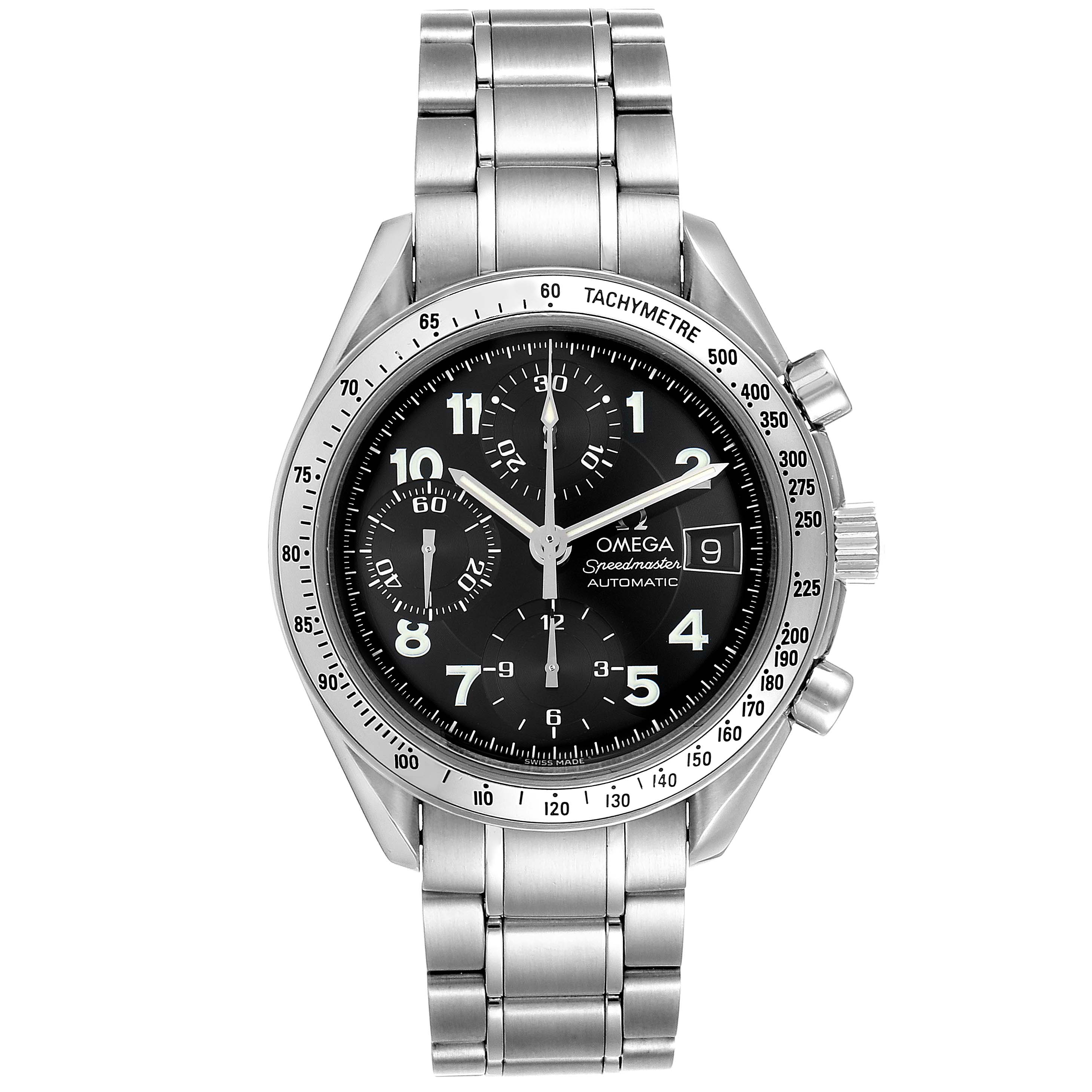 The Omega Speedmaster 3513.52.00 Men's Stainless Steel Black Dial 3513.52.00 Men's Stainless Steel Black Dial watch is shown from a front angle, displaying its dial, chronograph subdials, tachymeter bezel, and metal bracelet.