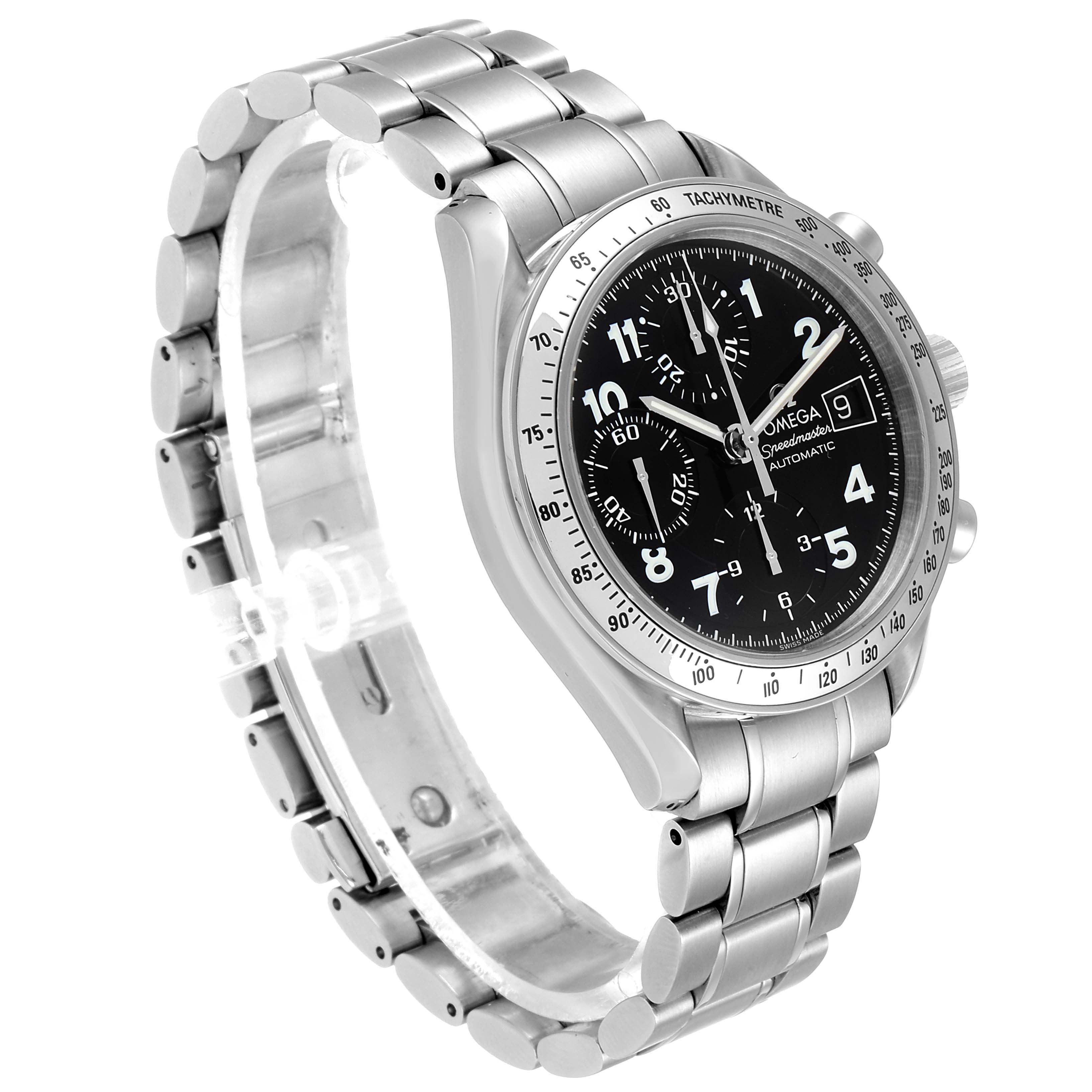 This image shows an angled view of the Omega Speedmaster 3513.52.00 Men's Stainless Steel Black Dial 3513.52.00 Men's Stainless Steel Black Dial watch displaying the black dial, tachymeter bezel, and metal bracelet.