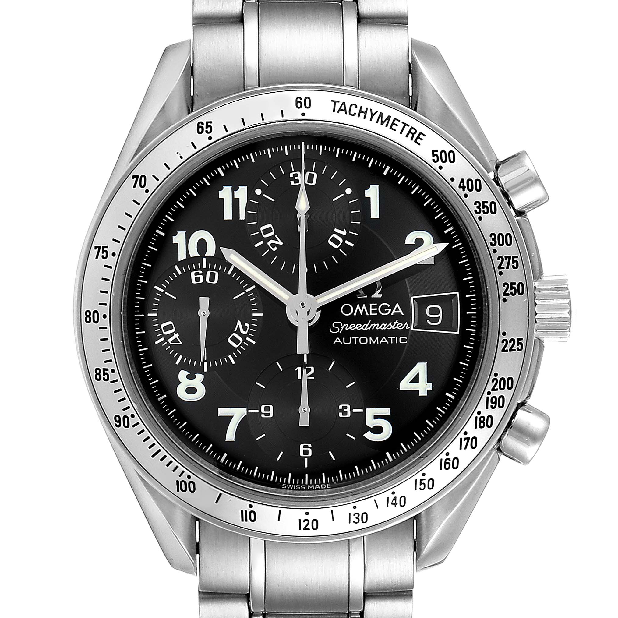 The image shows a frontal view of an Omega Speedmaster 3513.52.00 Men's Stainless Steel Black Dial 3513.52.00 Men's Stainless Steel Black Dial watch, highlighting its dial, tachymeter bezel, pushers, and bracelet.