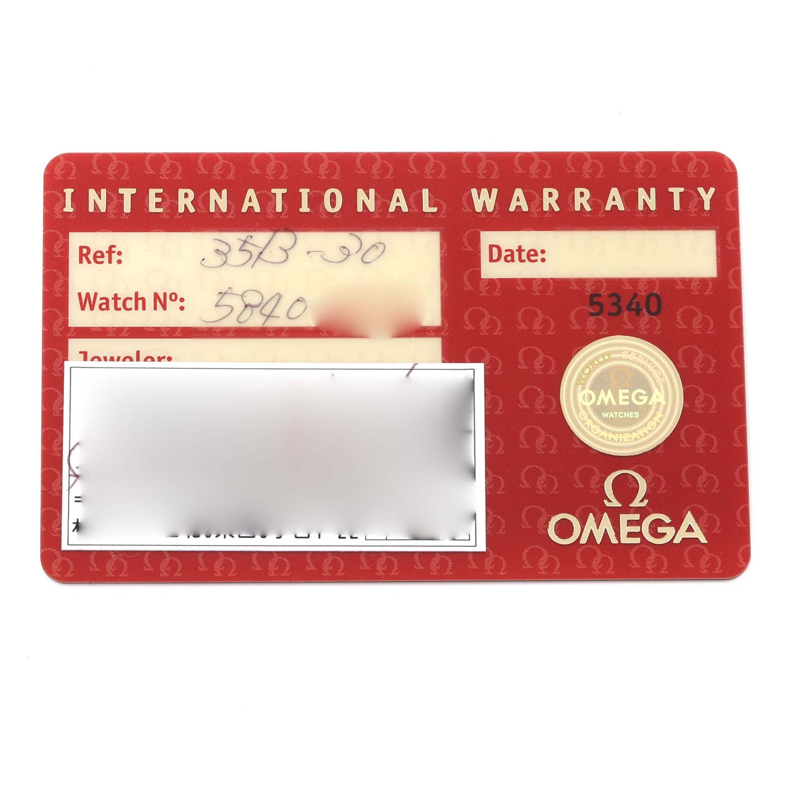 The image shows the front of an Omega Speedmaster 3513.30.00 Men
s Stainless Steel Silver Dial 3513.30.00 Men
s Stainless Steel Silver Dial International Warranty card.