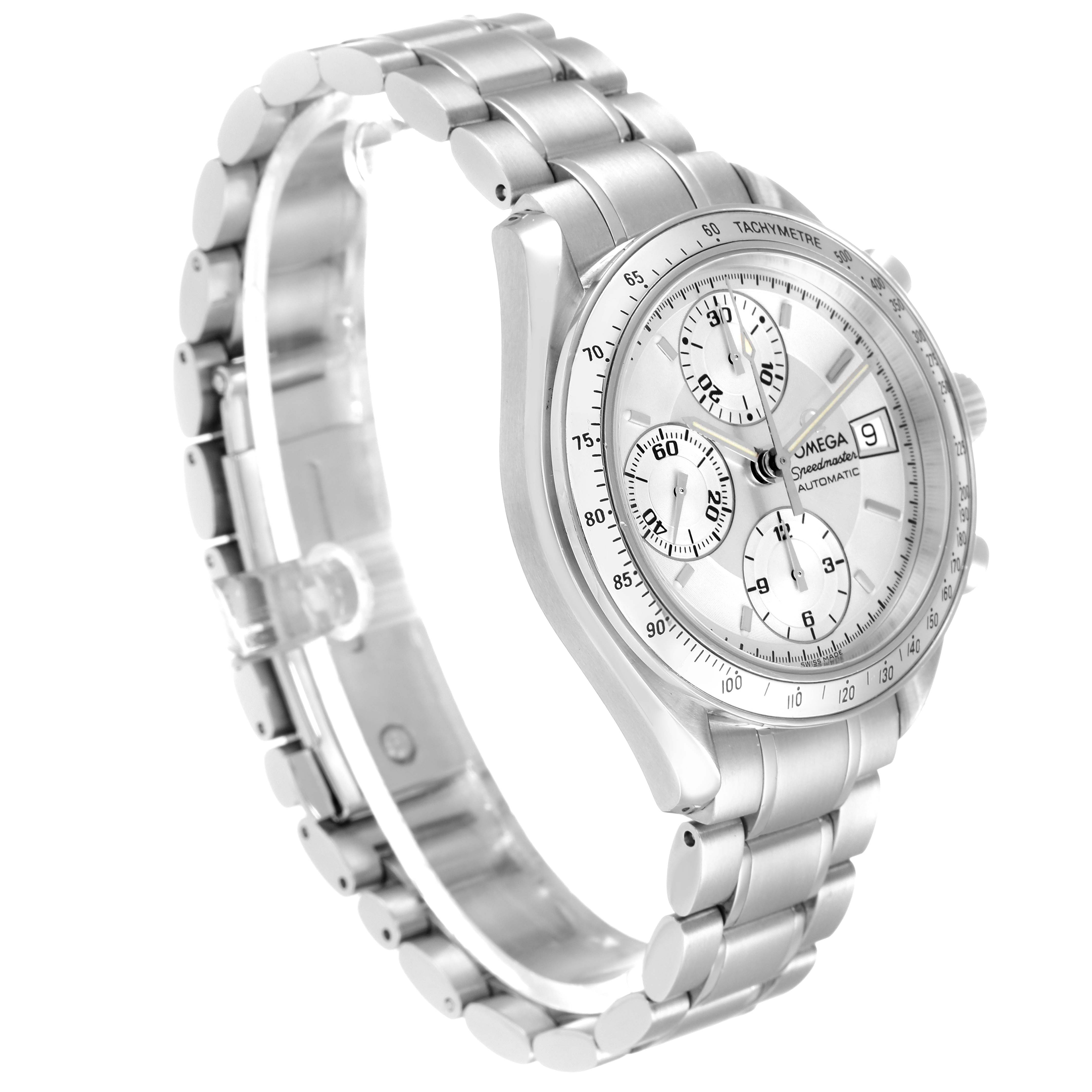 The Omega Speedmaster 3513.30.00 Men
s Stainless Steel Silver Dial 3513.30.00 Men
s Stainless Steel Silver Dial watch is shown from a front-side angle, highlighting the bezel, dial, bracelet, and chronograph features.