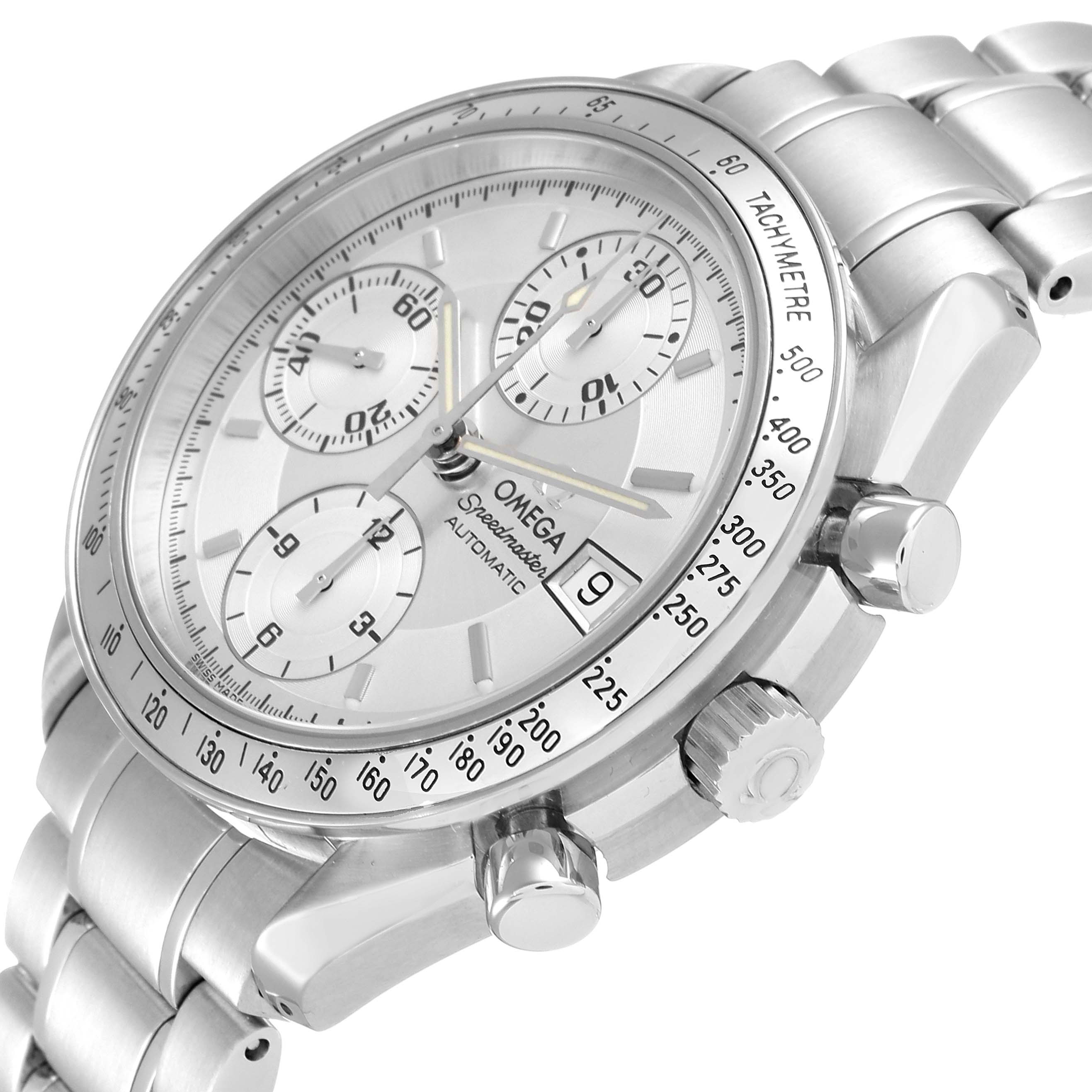 The image shows an angled view of an Omega Speedmaster 3513.30.00 Men
s Stainless Steel Silver Dial 3513.30.00 Men
s Stainless Steel Silver Dial watch, displaying its dial, crown, pushers, and bracelet.